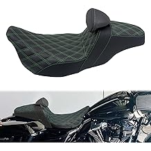 One-Piece Driver Passenger Seat Motorcycle 2-up Seat With Driver Backrest Cushion Pad Fit for Harley Touring Electra Glide Road King Road Glide Street Glide 2009-2023 (Green Stitching)
