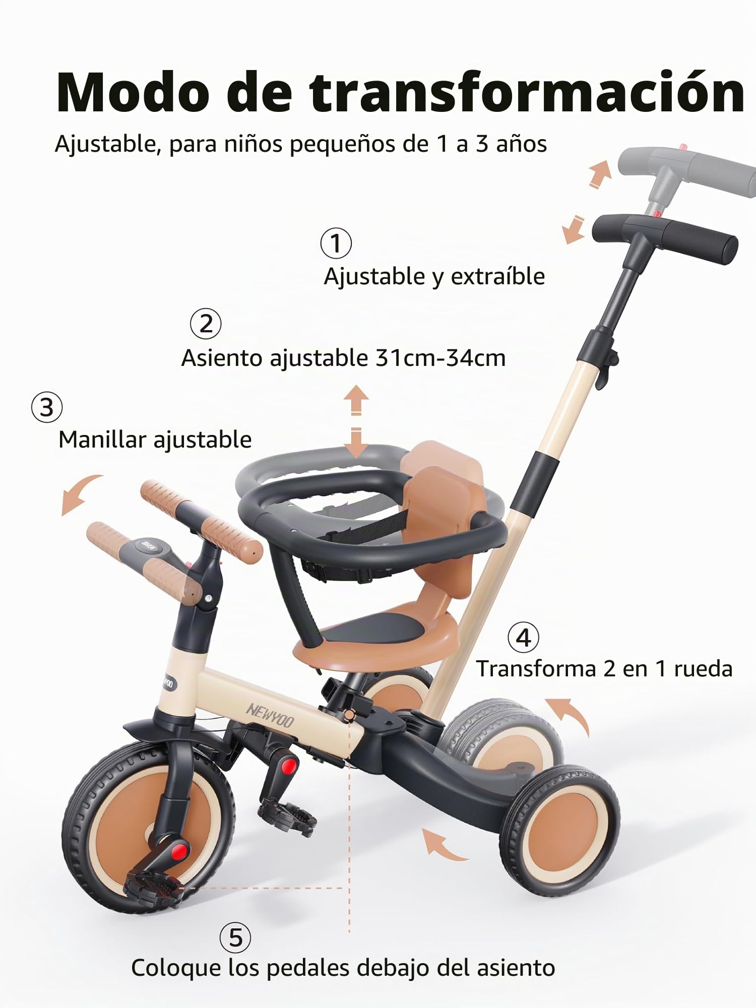 newyoo TR008 Triciclo Evolutivo 5 en 1 para Niños 1-3 Años con Barra de Seguridad y Varilla de Empuje, Regalo de Cumpleaños para Niños y Niñas, Bicicleta de Equilibrio y Juguete Montable, Caqui