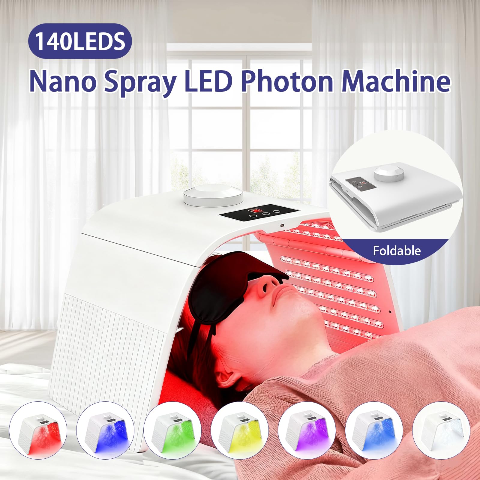 Maschera per Terapia Della Luce 7 Colori, Pieghevole Maschera LED per Viso con Funzione Spray per Cura Della Pelle, Uso Domestico nel Salone SPA