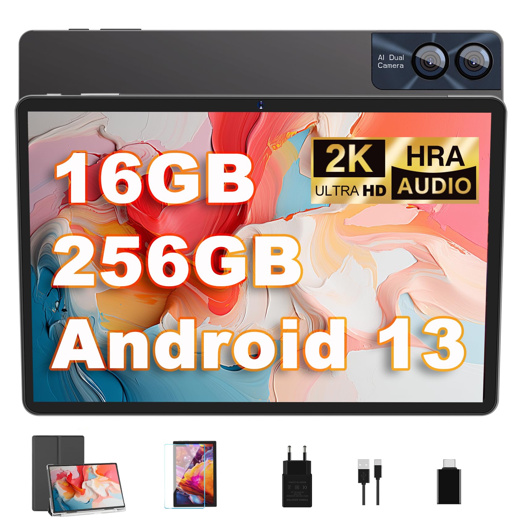 GOODTEL 2025 Tablet Touch 11 Pollici Android 13 16GB RAM+256GB ROM+TF 1TB, 2K Display 2000 x 1200, Octa-Core, 8600mAh, GPS, WiFi 5G, Bluetooth 5.0, 13MP+5MP, Corpo in metallo, con custodia, grigio