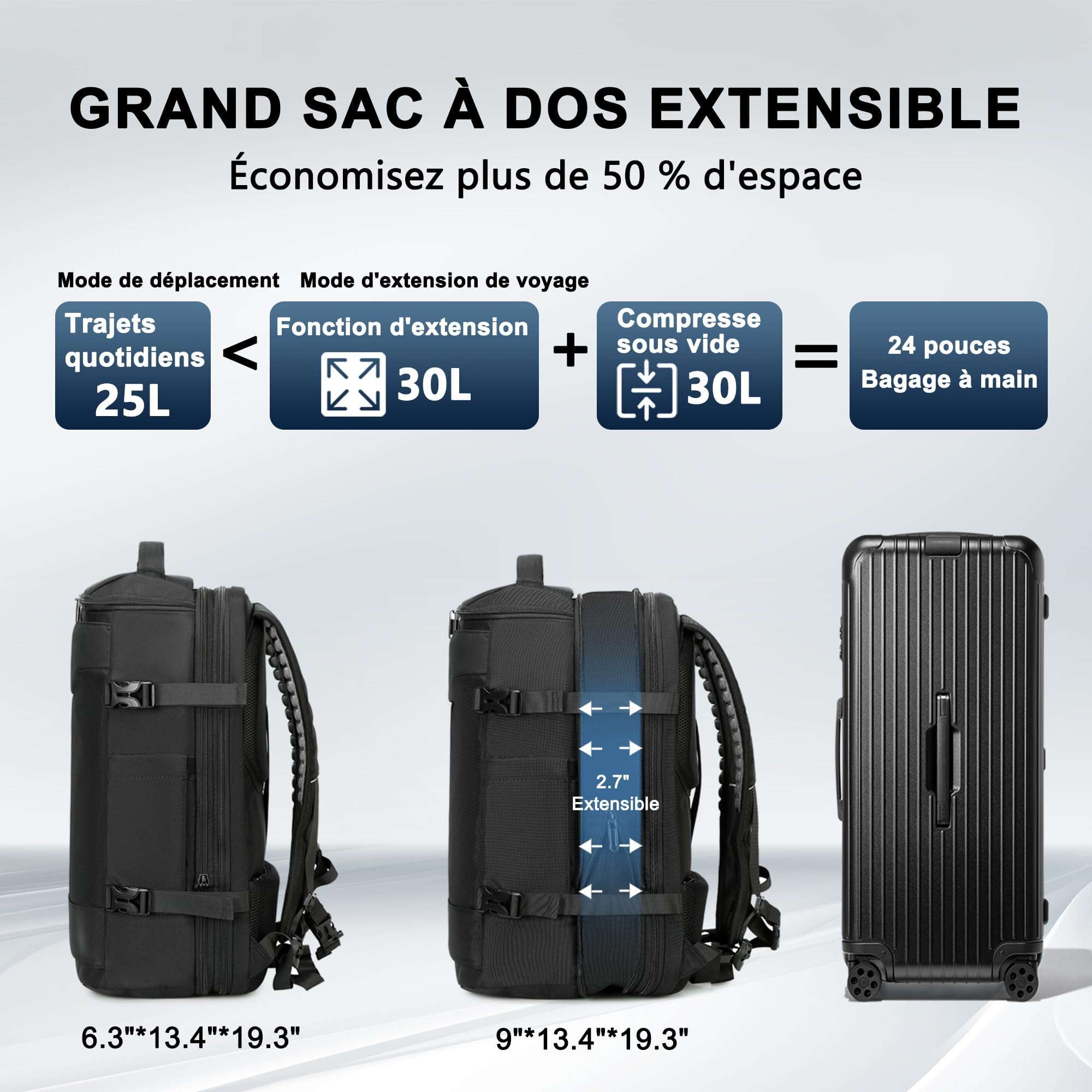 sac de voyage sous vide, 60 L extensible sac a dos compression sous vide, sac à dos pour ordinateur portable 17 pouces,sac a dos voyage cabine avion sous vide avec pompe, noir