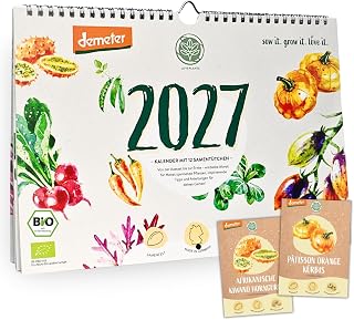 Bio Saatgut Kalender 2027 – Garten Wandkalender A4 mit 12 Sorten Demeter Gemüse Samen | Einpflanzbarer Monatskalender von Loveplants mit Aussaatkalender | Geschenkideen für deine Gartenfreunde