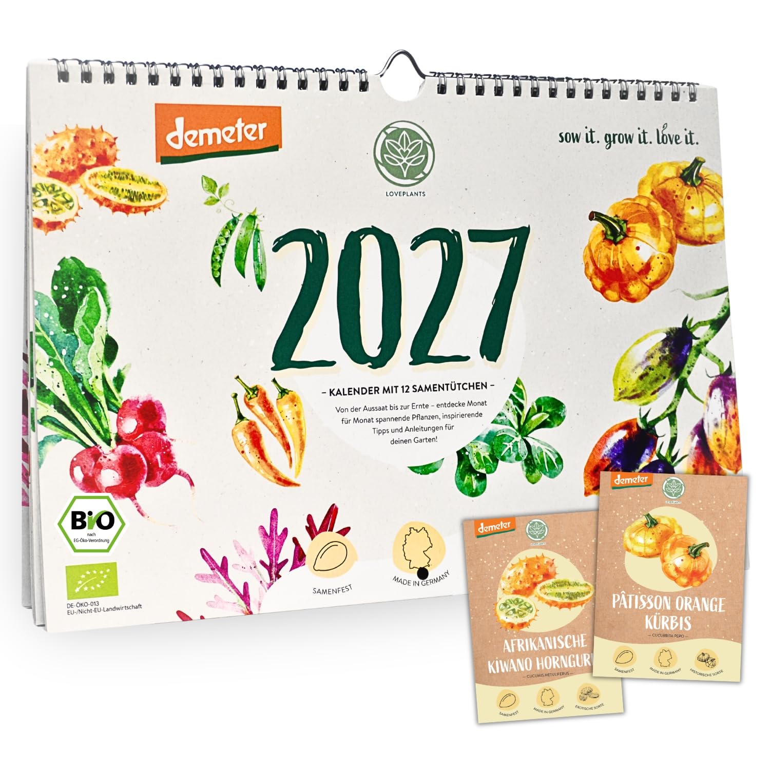 Bio Saatgut Kalender 2027 – Garten Wandkalender A4 mit 12 Sorten Demeter Gemüse Samen | Einpflanzbarer Monatskalender von Loveplants mit Aussaatkalender | Geschenkideen für deine Gartenfreunde