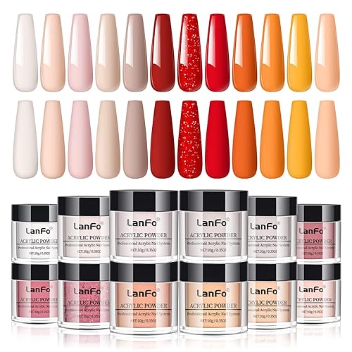 LanFo Juego de polvos acrílicos de 12 colores kit de polvo de uñas acrílico color nude rojo naranja profesional para extensión de uñas acrílicas no