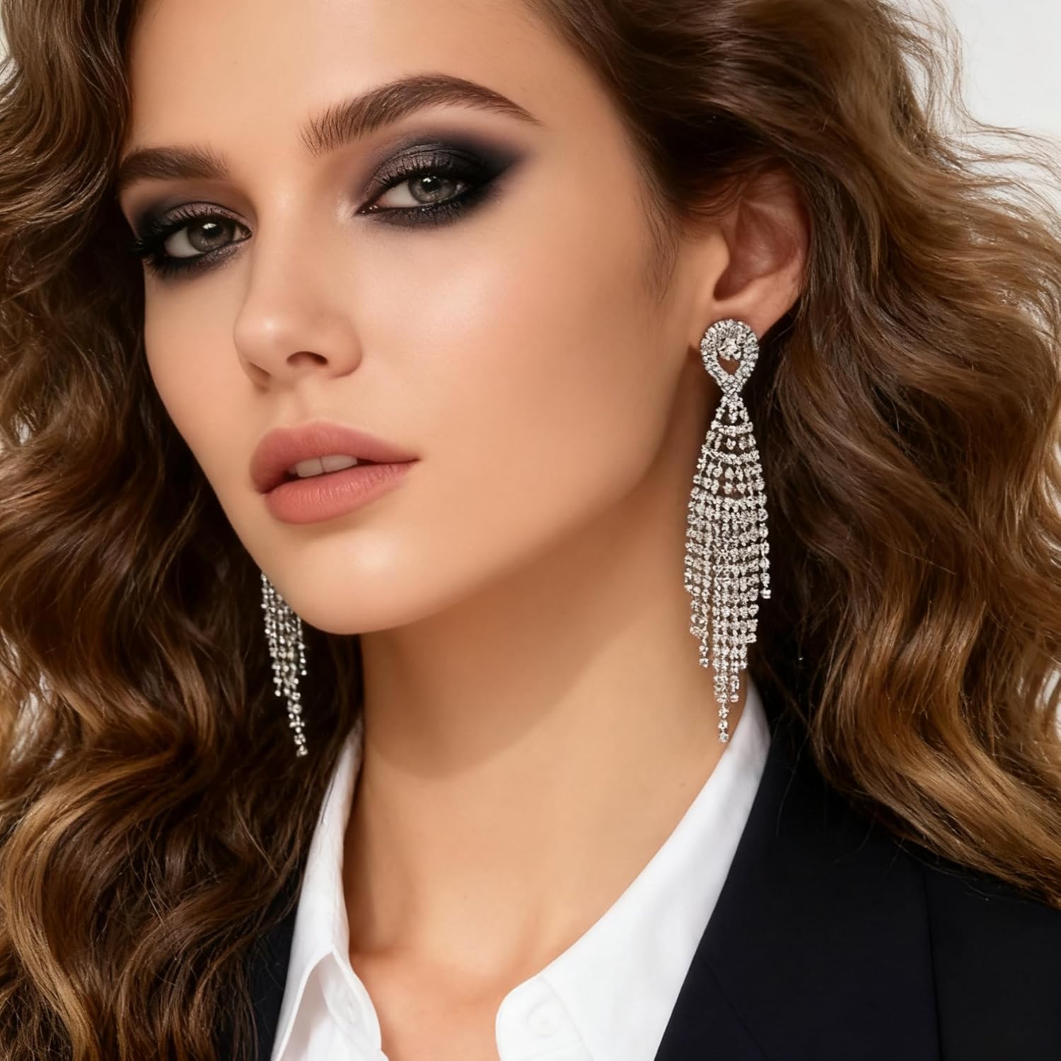 Rhinestone Earrings Dangling for Women Sparkly Silver Dangle Earrings Girls Long Chandelier Earrings Tassel Lightweight Ear Studs Cubic Zirconia (KE001S-W) - Image 5