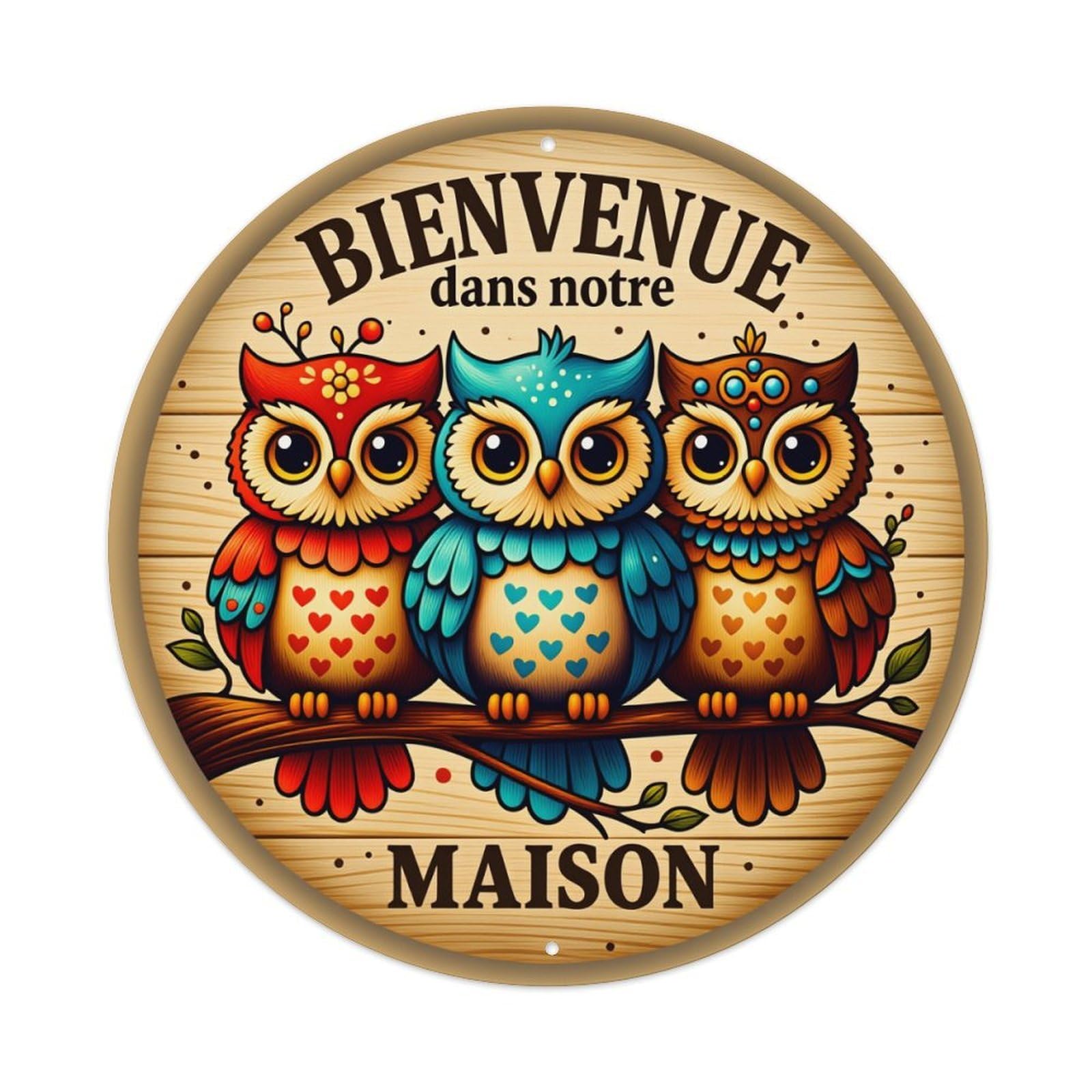 Colorful Owls On Branch Welcome Sign Round Tin Sign Vintage Style Metal Sign Home Bar Garden Wall Plaque Decor Metal Poster 8x8 Inch