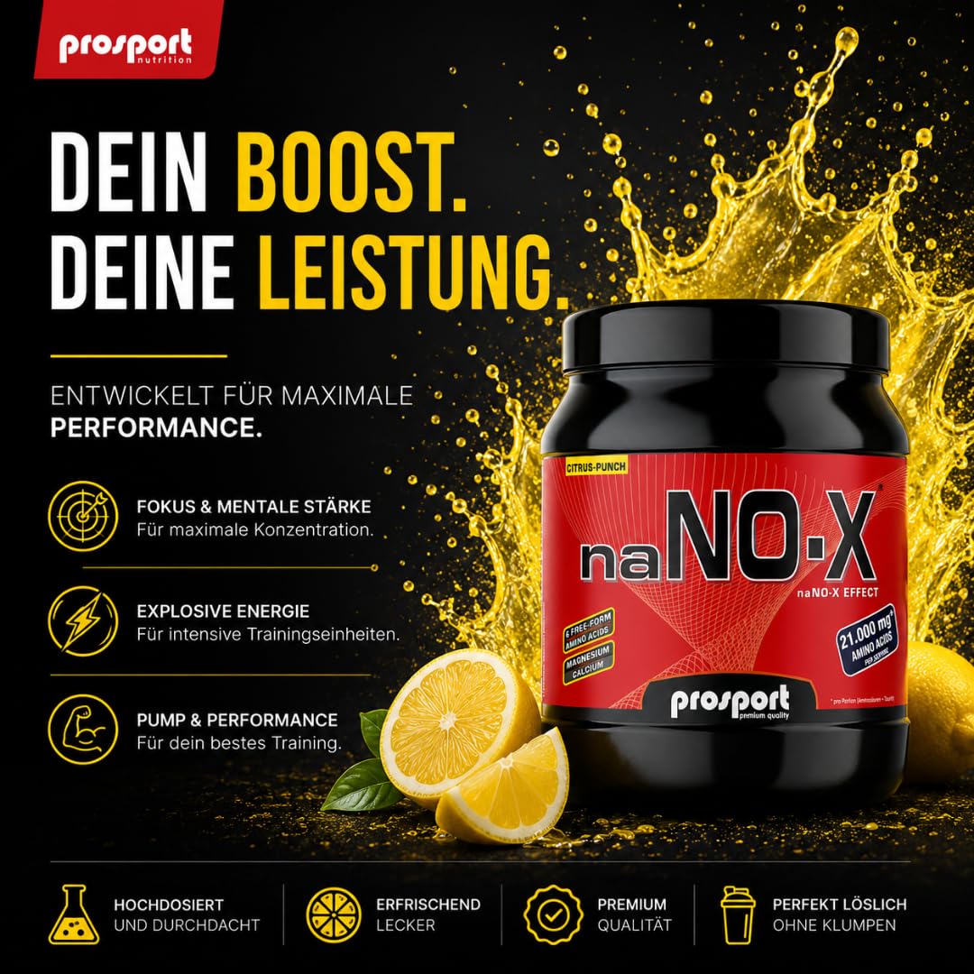 Prosport naNO-X Pre Workout Booster Citrus Punch – 908g Trainingsbooster mit Koffein, Aminosäuren, BCAA & Beta-Alanin