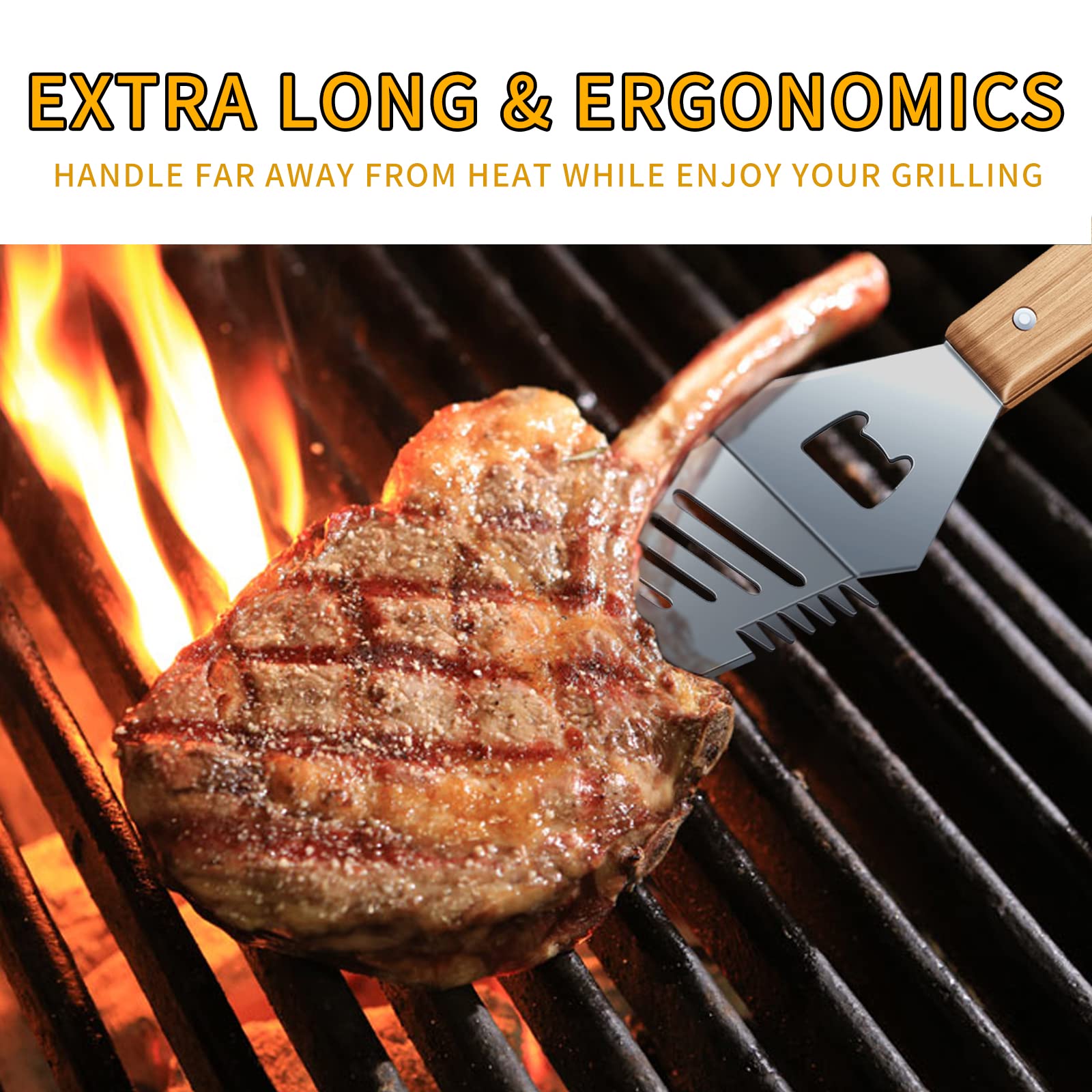 Espátula de barbacoa 4 en 1, espátula multifunción con mango de madera, perfecta para parrillas de barbacoa y kebabs para camping.