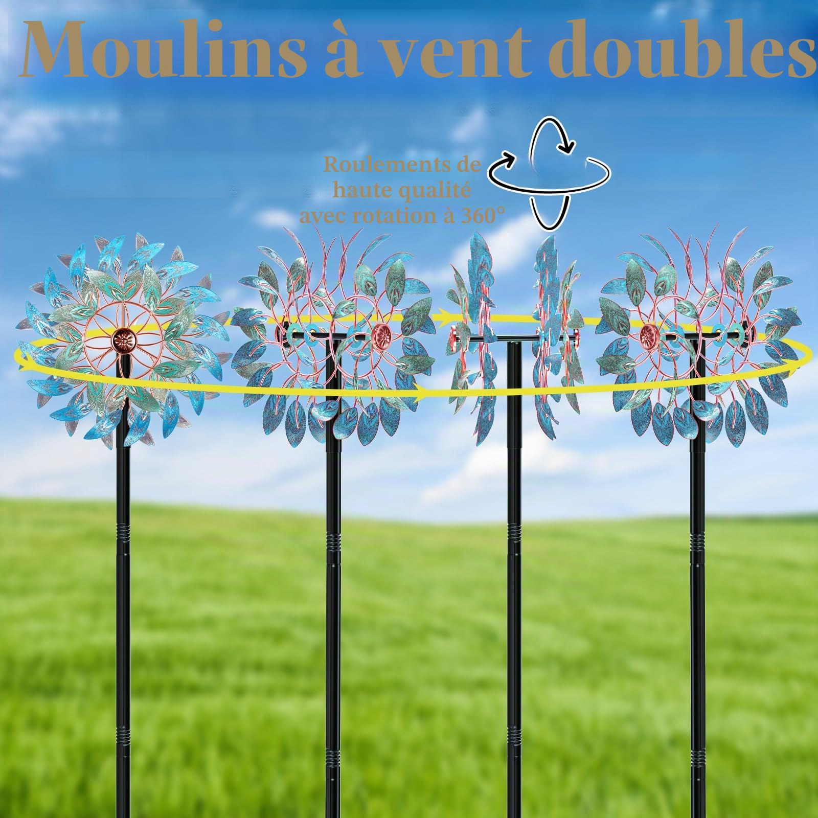 VeyFolzin Moulin à vent métal 2 voies piquet étanche 360° cinétique terrasse jardin pelouse (2 tours vintage plumes)