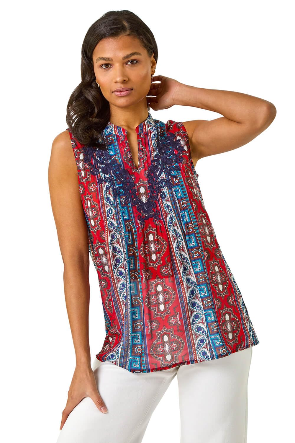 Roman Originals Women's Red Embroide Abstract Print V-Neck Top For Uk - Everyday Holiday Spring Summer V-Neckline Comfy Soft Evening Vacation Work Party - Size 12