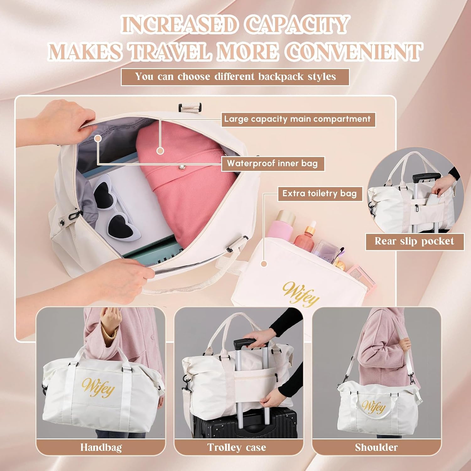 Sanwuta 4 Pcs Wifey Hubby Duffel Bag Set 2 Honeymoon Travel Bags with 2 Toiletry Pouches Weekender Gym Tote for Couple Wedding Engagement Valentines His Hers Gifts Bridal Shower Gifts