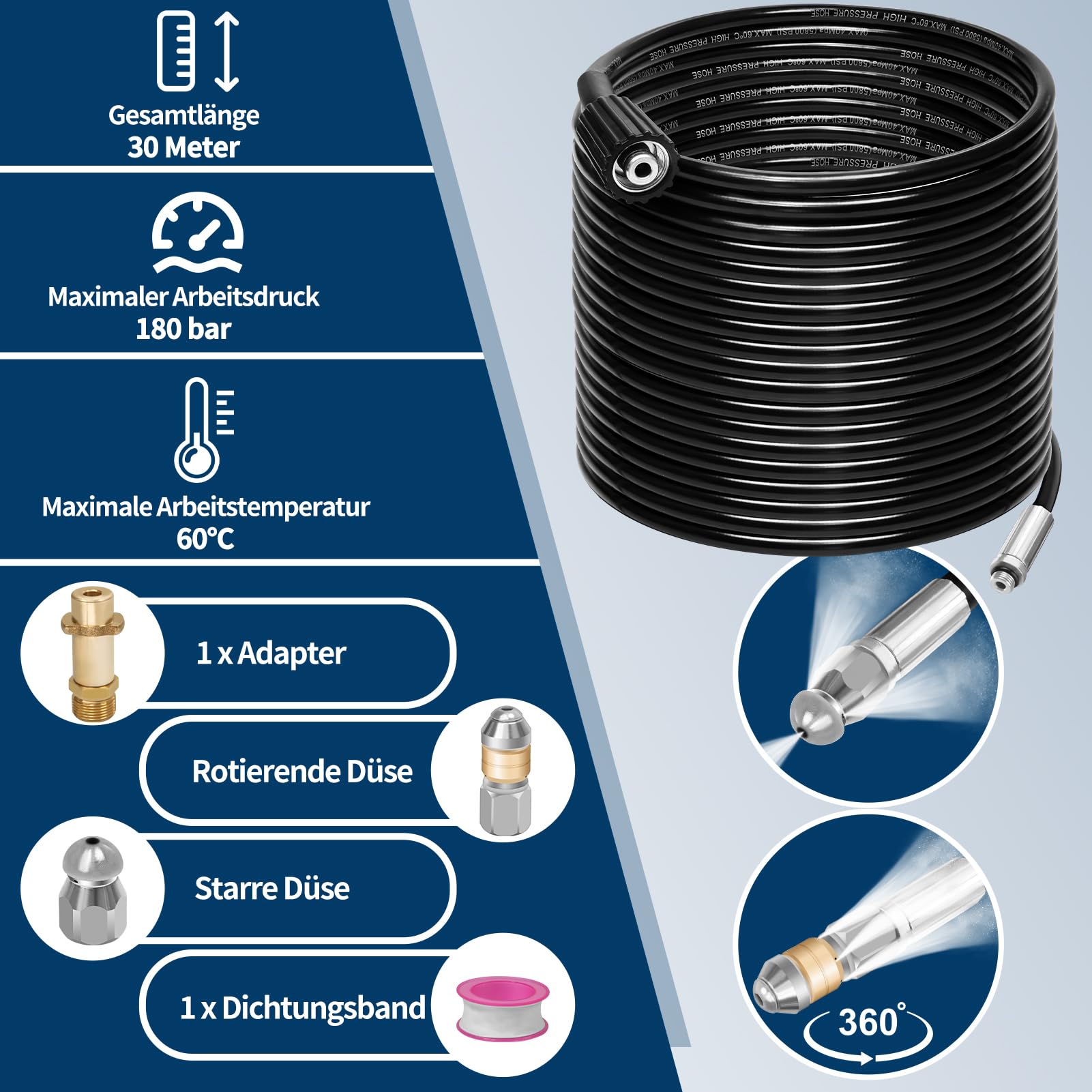 Set di tubi per la pulizia dei tubi, 30 m, 180 bar, 60 °C, con ugelli rigidi + girevoli, 1 adattatore compatibile con idropulitrice ad alta pressione K2, K3, K4, K5, K6, K7, set universale per la