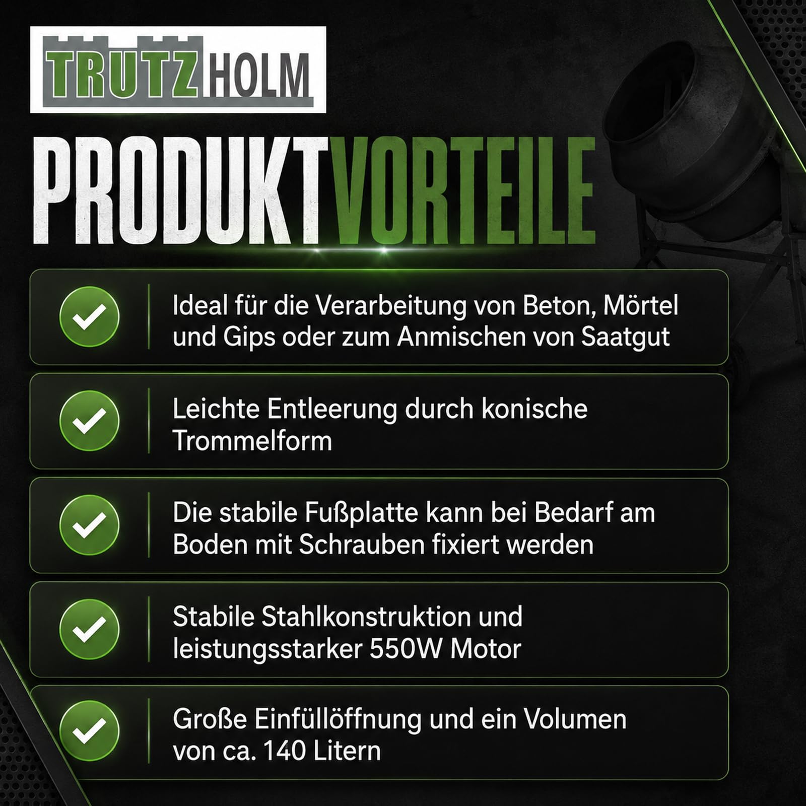 TRUTZHOLM Betonmischer mit 140 Litern Fassungsvermögen 550 Watt Drehzahl 30 U/Min, langlebig, robust, Zahnräder aus Guss, Zementmischer für Beton, Mörtel, Gips, Saat
