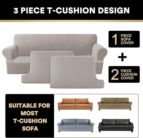 Miniatura 3 de PrinceDeco Funda de sofá con cojín en forma de T, 3 piezas, para sofá con cojín en T, fundas de sofá suaves para sofá, fundas de muebles con 2