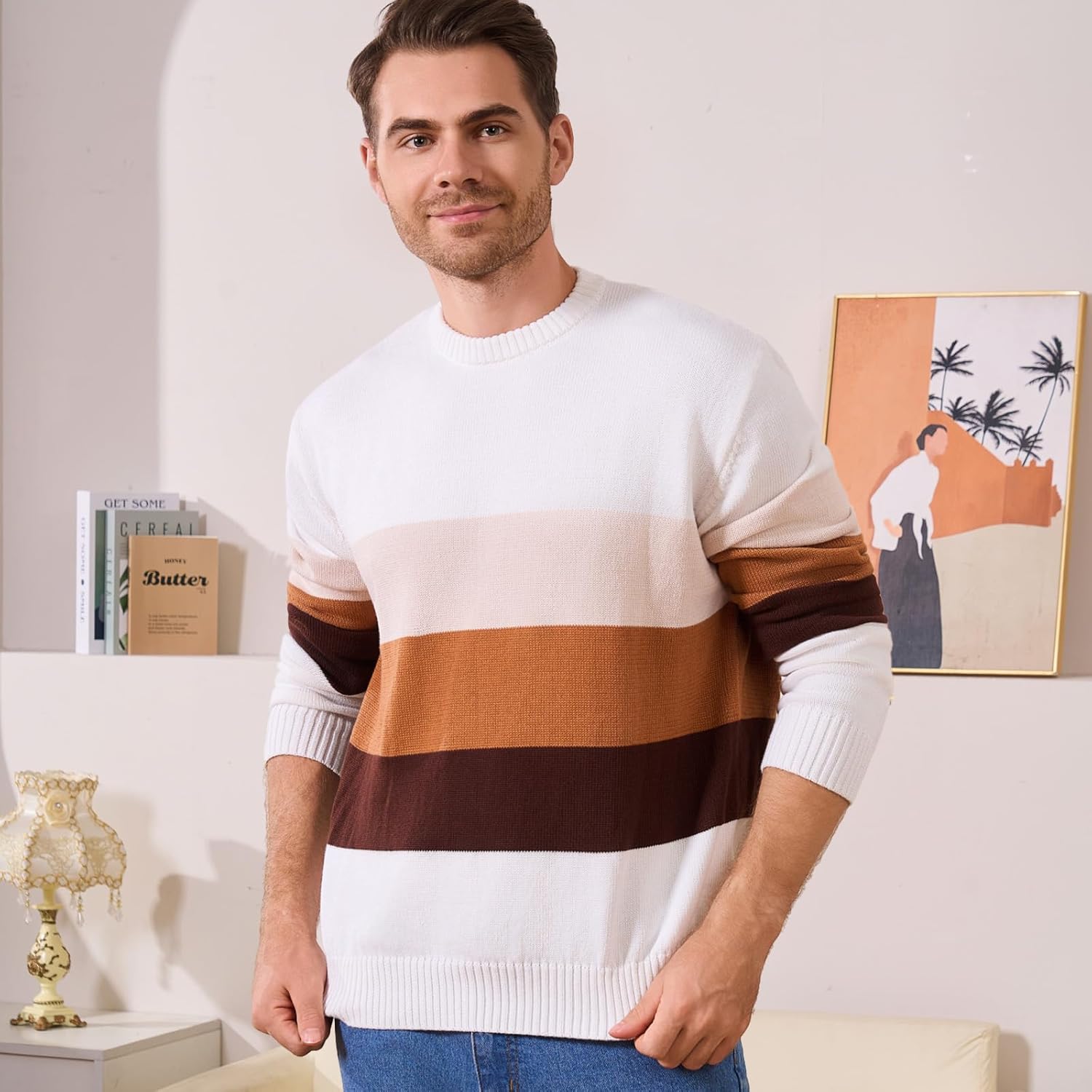 Mens Crewneck Sweater Casual Slim Fit Long Sleeve Striped Color Block Soft Thermal Knitted Pullover Sweaters - Image 3