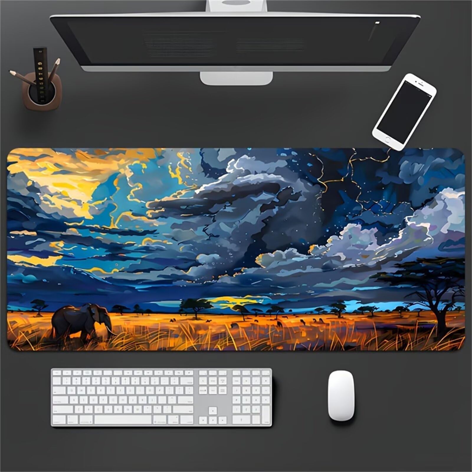 Tappetino per Mouse Gaming XXL 1200x600x2 mm, Mousepad Extra Large da Scrivania con Tappetino per Tastiera Antiscivolo, Superficie Ottimizzata per Sensori Ottici, Paesaggi Animali Elefanti