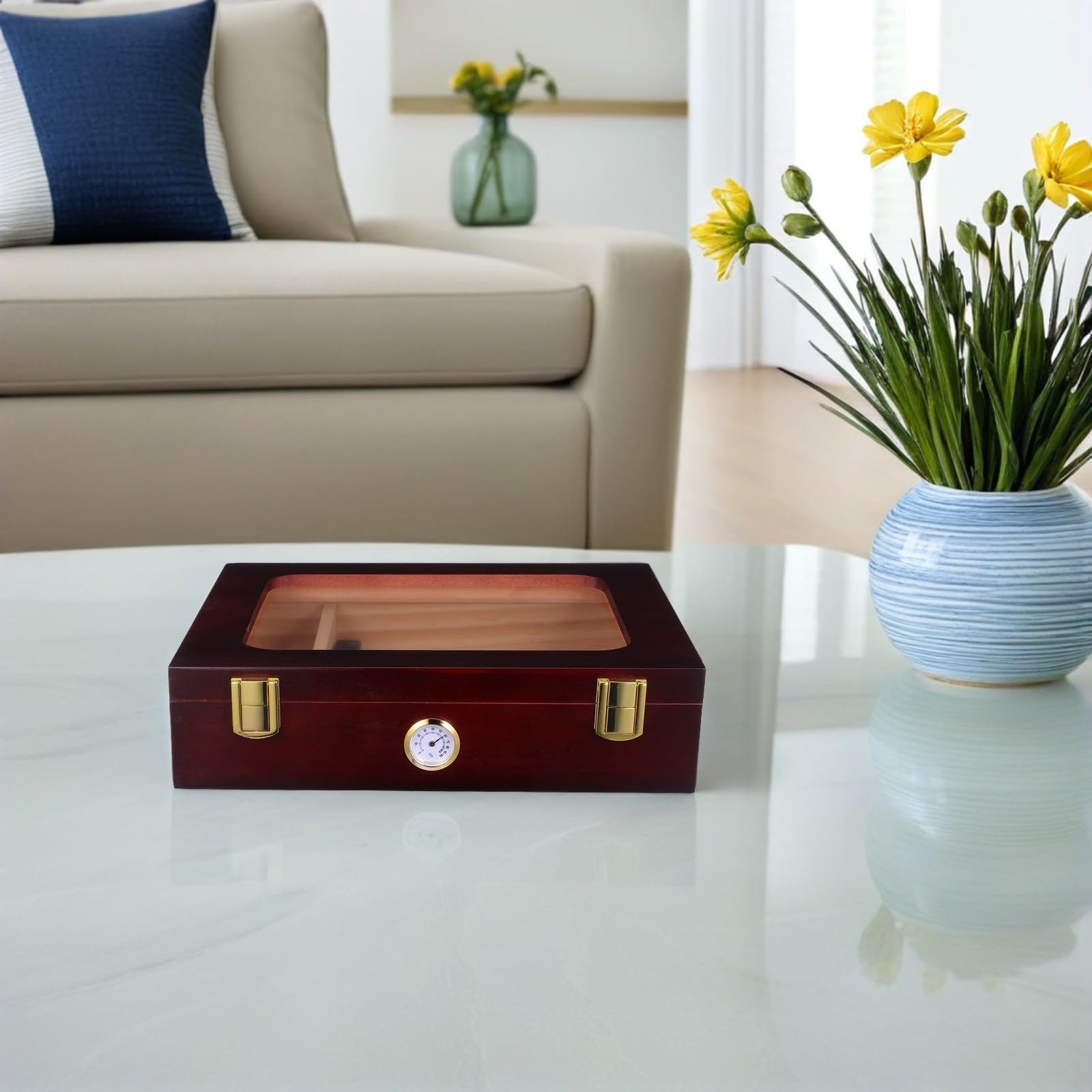 HOMSFOU Humidor Zigarren Elektrisch mit Präziser Feuchtigkeitskontrolle Glasdeckel und Hygrometer Braun Holz Zigarrenbox für Reise und Zuhause als Dekorative Zigarren Feuchtigkeitsbox