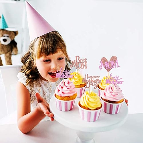 Miniatura 9 de Ercadio Paquete de 24 adornos para cupcakes para el Día de la Madre con purpurina de oro rosa con purpurina "I Love Mom" para cupcakes de