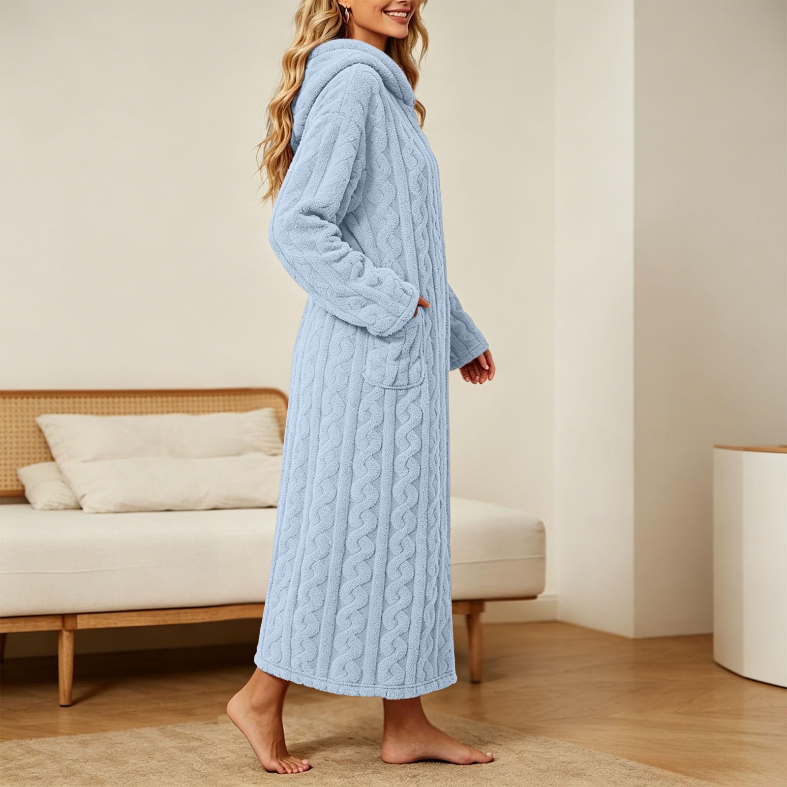 Albornoz con capucha para mujer, para otoño e invierno, cómodo, suave, largo, acogedor, cálido, de forro polar, con bolsillos, manga larga, mullido, de felpa, grueso, a la moda