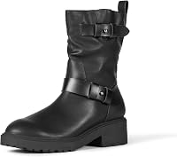 Amazon Essentials Women's Mid-Calf Cropped Biker Boots - Faux Leather, Memory Foam Comfort, Chunky Heel