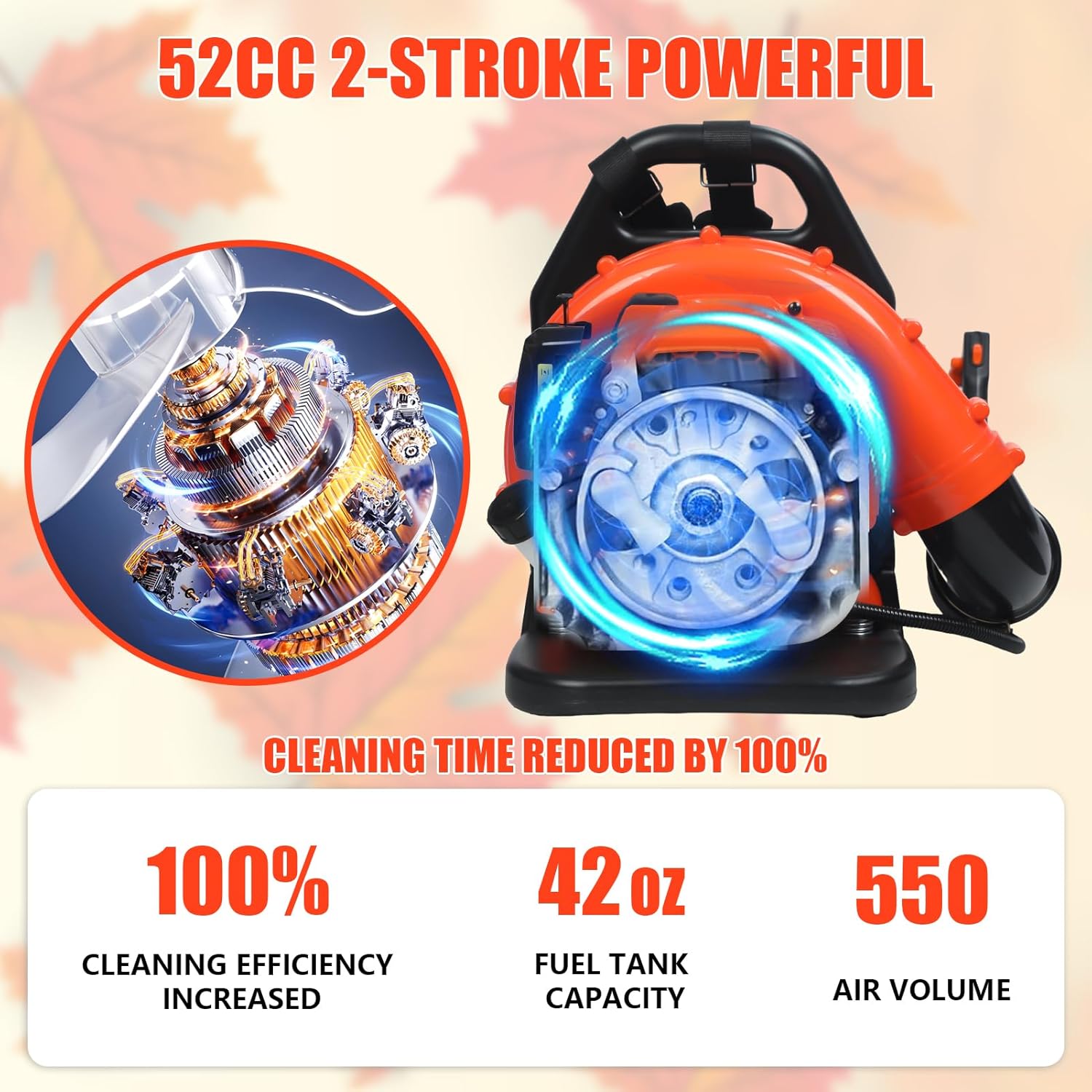 2025 New Model 52CC Gas Powered Backpack Leaf Blower 550CFM, Extreme Duty 2-Cycle Petrol Powered Leaf Blowers for Lawn/Garden Care Yard Snow (Red-52CC)