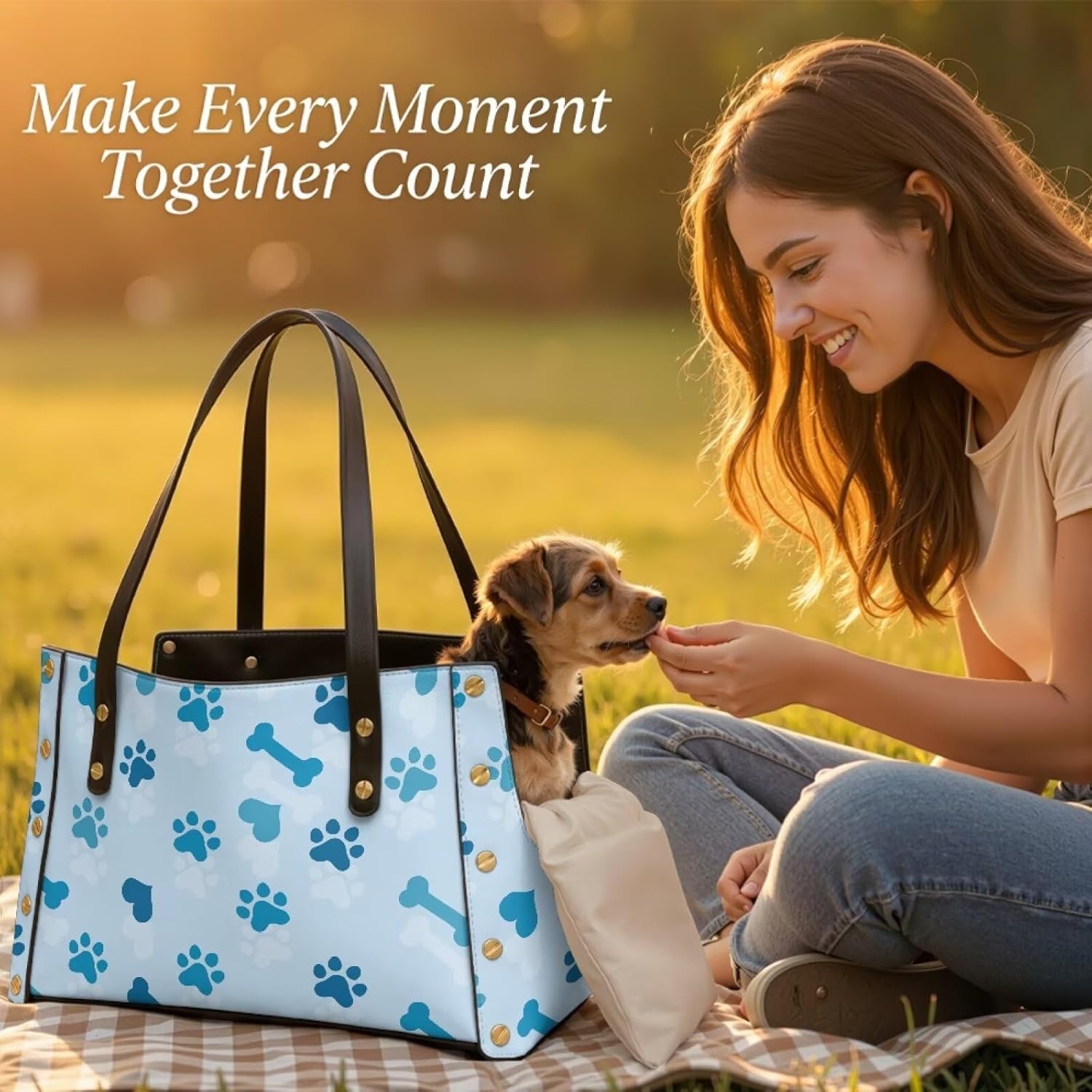COEQINE Small Dog Carrier Sling Purse Light Blue Paw Prints PU Leather Tote Handbags for Women Travel Pet Sleeping Bag Handbag for Outdoor Travel Walking Hiking Shopping,15x9x6 in