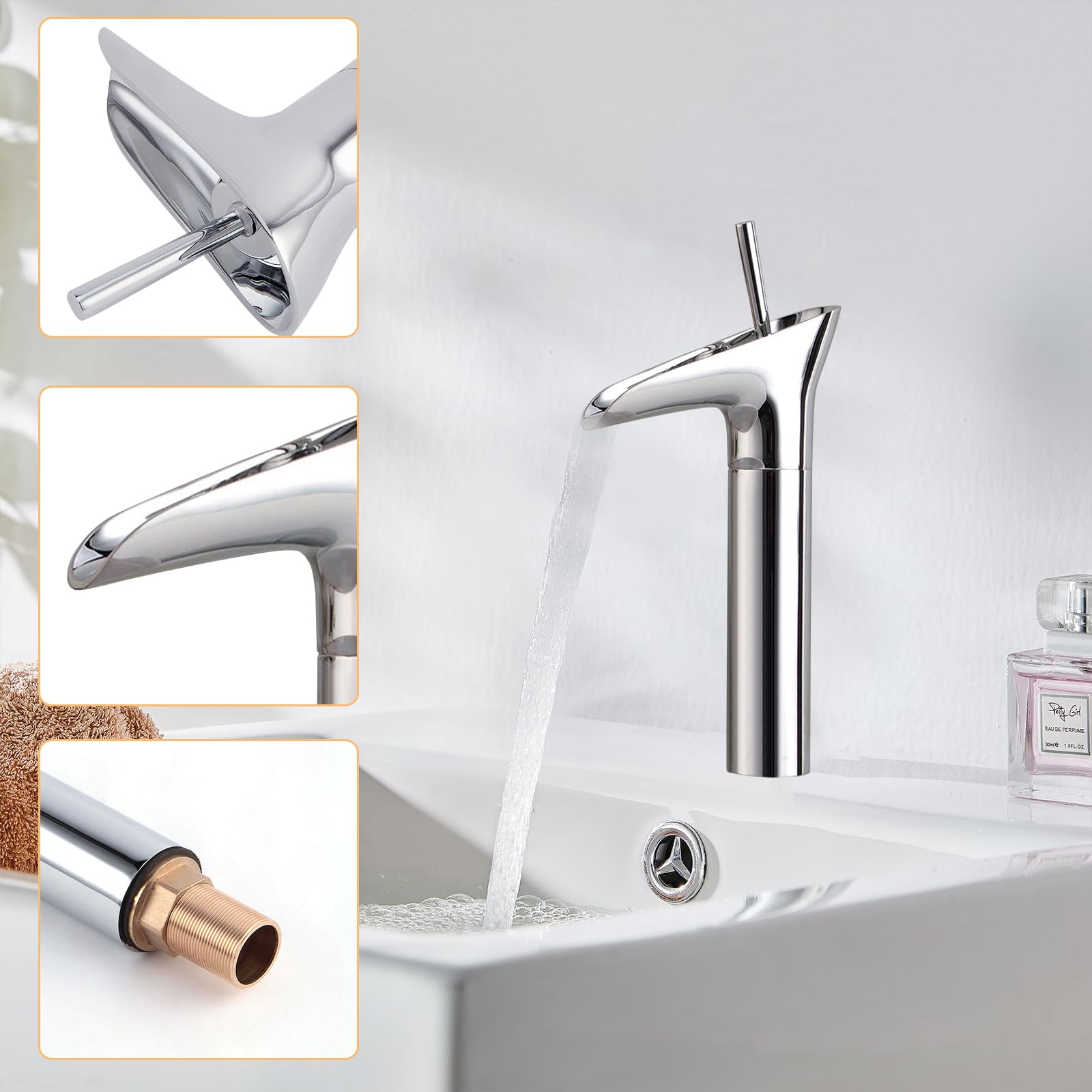 Grifo baño cromo,Cascada Grifo de lavabo,Alto Alto Grifo Mezclador de Baño Antiguo Monomando Grifo Mezclador Baño Lavabo de Latón