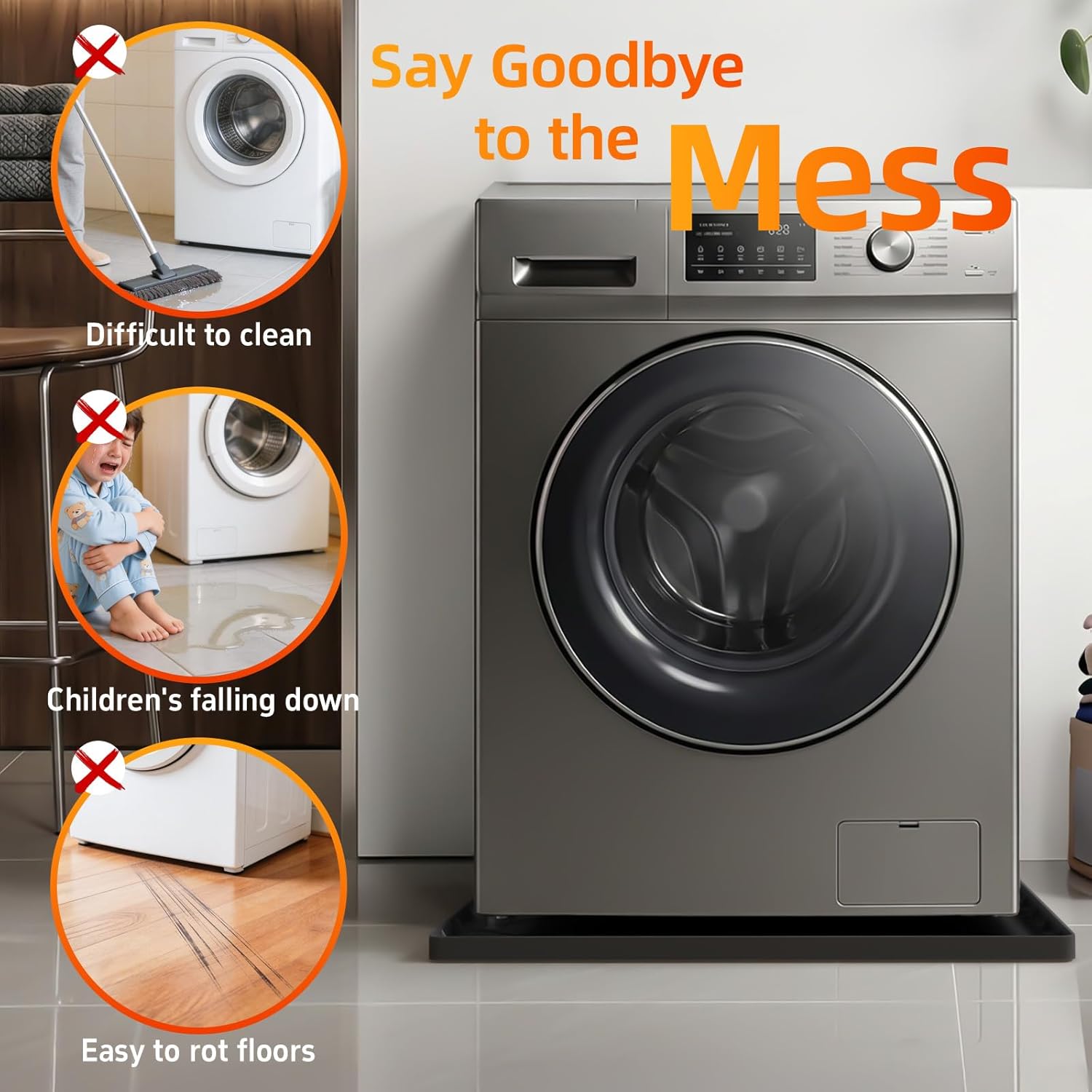 Washing Machine Drain Pan Silicone Mat, 32 x 30 Inch Washer Drip Tray, Non-Slip Waterproof Washer Tray for Floor Protection, Anti-Vibration Mat for Washer or Dryer