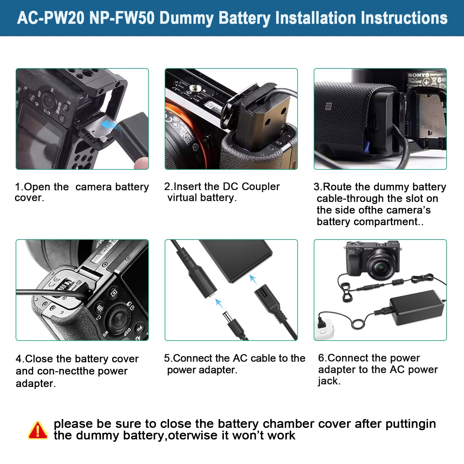NP-FW50 Batterie factice, AC-PW20 Bloc d'alimentation, pour Appareil Photo Numérique Sony Alpha A6400 A6000 ZVE10 ZV-E10 A6100 A6500 A6300 A7 A7II Appareil Photo.