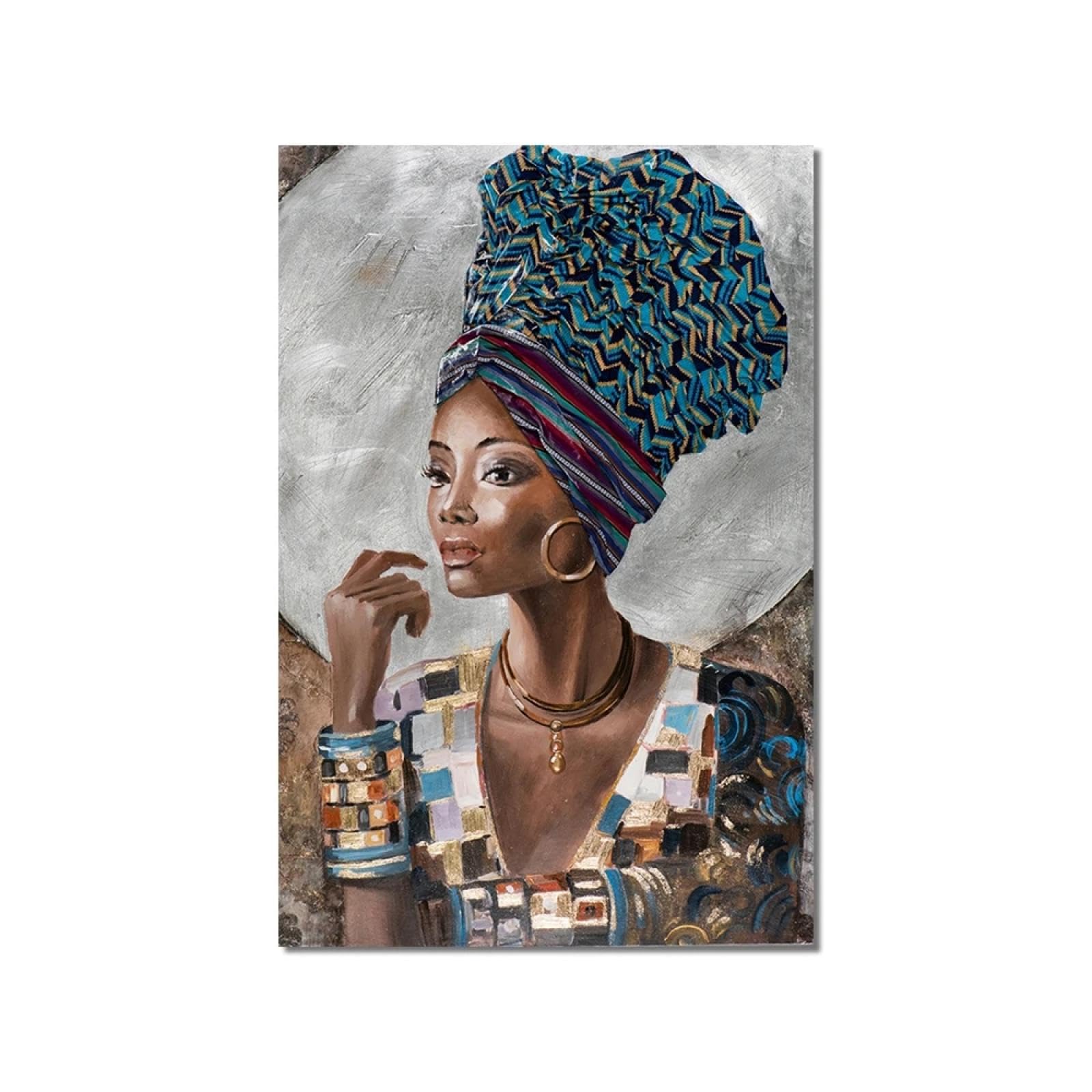 Zhadongli Art Mujer africana de oro negro con exquisito tocado, pintura sobre lienzo, carteles e impresiones, cuadro artístico de pared escandinavo, 80x120cm (31x47in) con marco