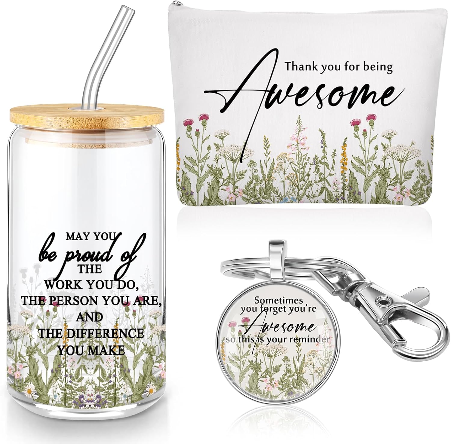 3 Pcs Christian Gift for Women Faith Bible Verse 16 oz Glass Cup with Lid Scripture Keychain Makeup Bag Inspirational Religious Gift for Birthday Church Mom(Pride)