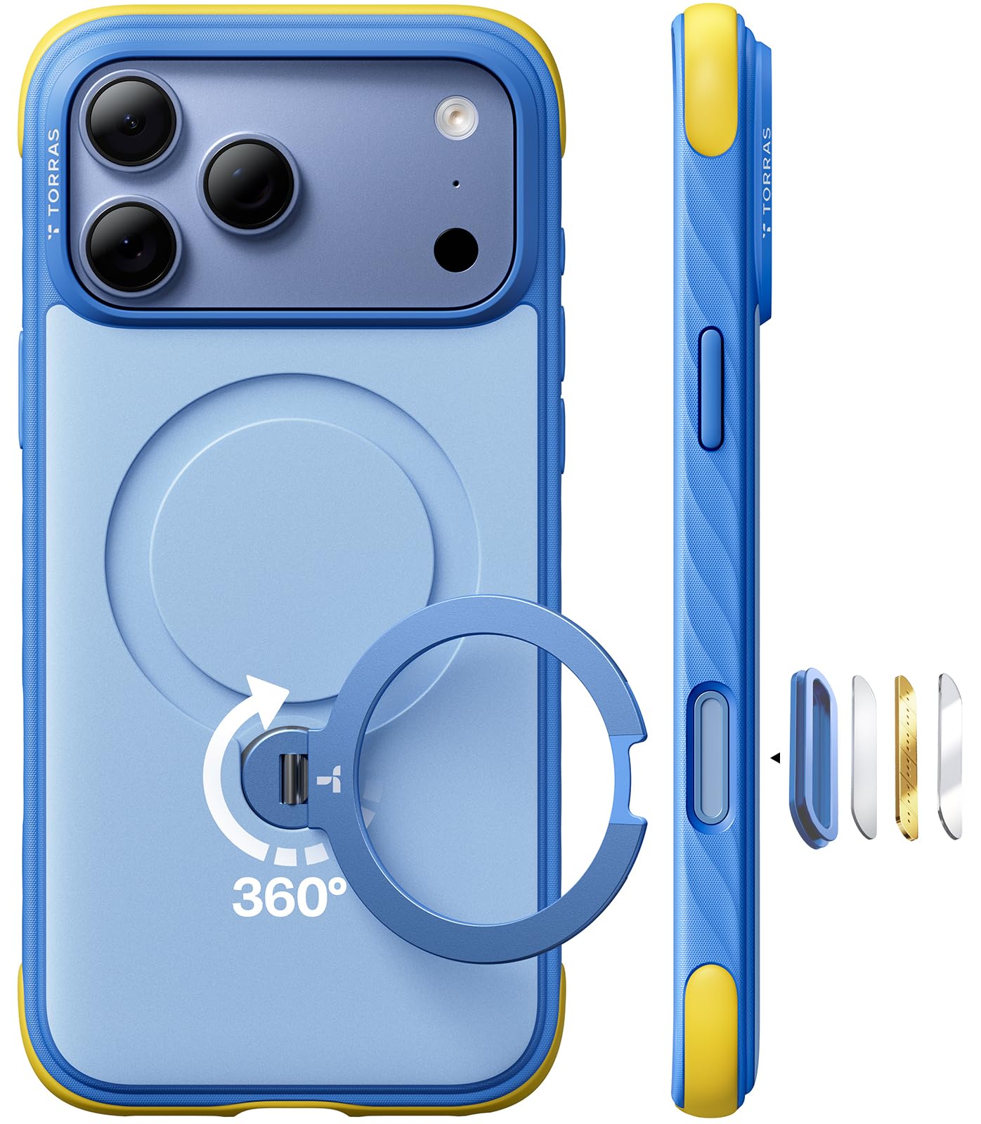 TORRAS Ostand Q3 Rugg für iPhone 18 Pro Max Hülle rutschfest Case Hellblau | Sicherer Halt für große Displays · rutschfest · 360°-Stand für MagSafe · 85A TPU-Stoßschutz · robuster Fallschutz