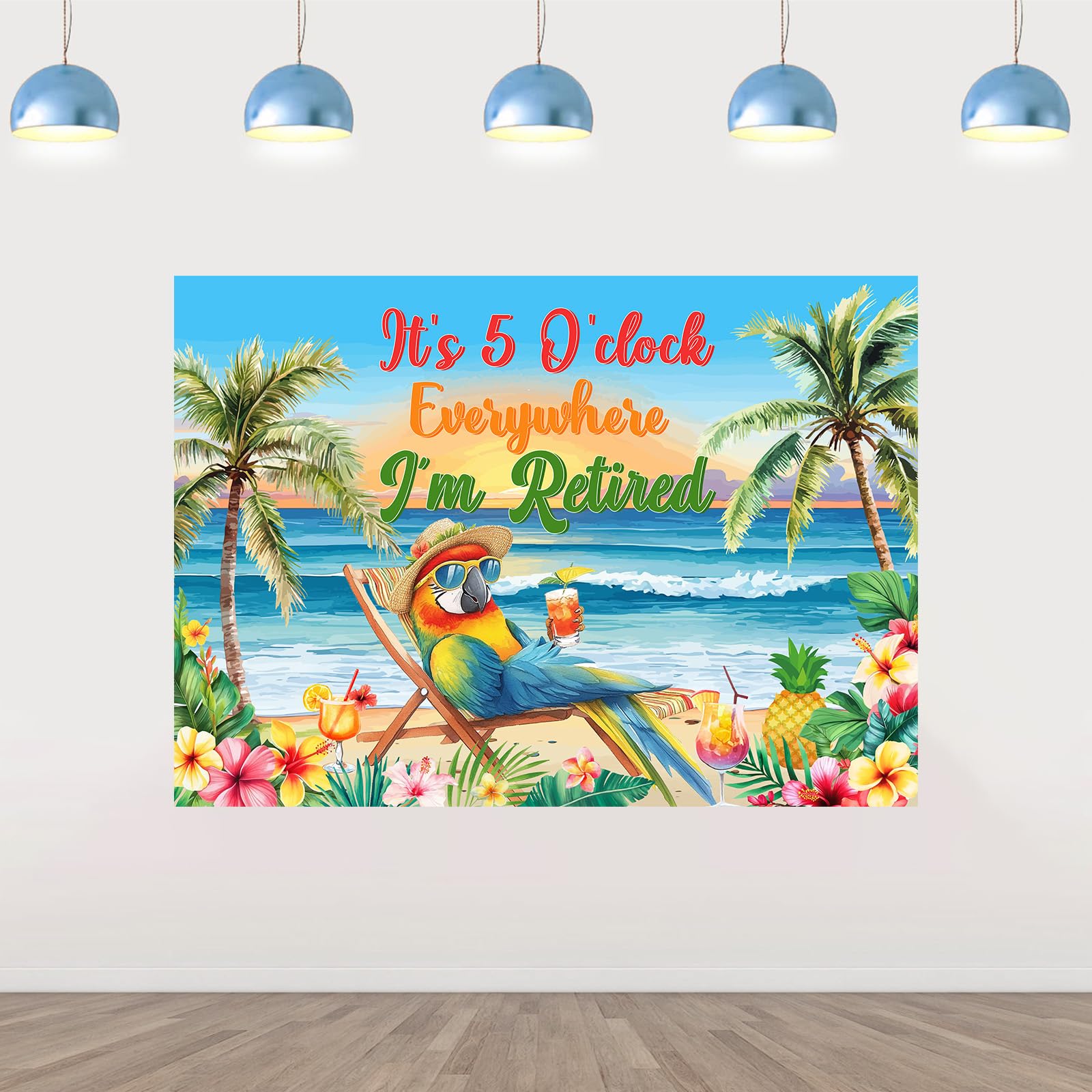 Sursurprise Tropical Retirement Party Decorations, 5x3ft It's 5 O'clock Everywhere I'm Retired Backdrop, Parrot Photography Background, Summer Beach