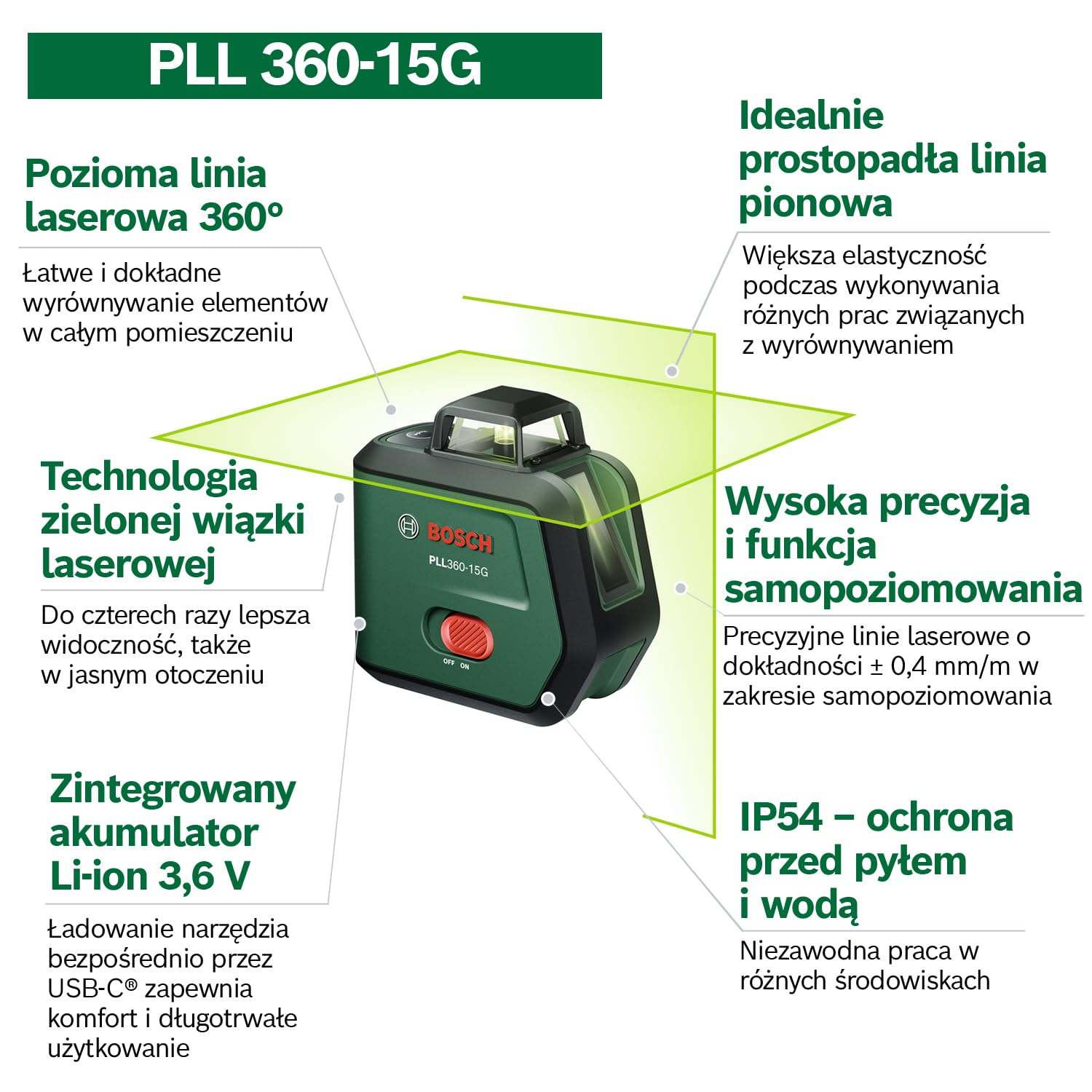 Bosch Laser Liniowy PLL360‑15G (zielone linie 360°, IP54, Li‑ion, USB‑C, statyw TT 120, uchwyt MM 3)
