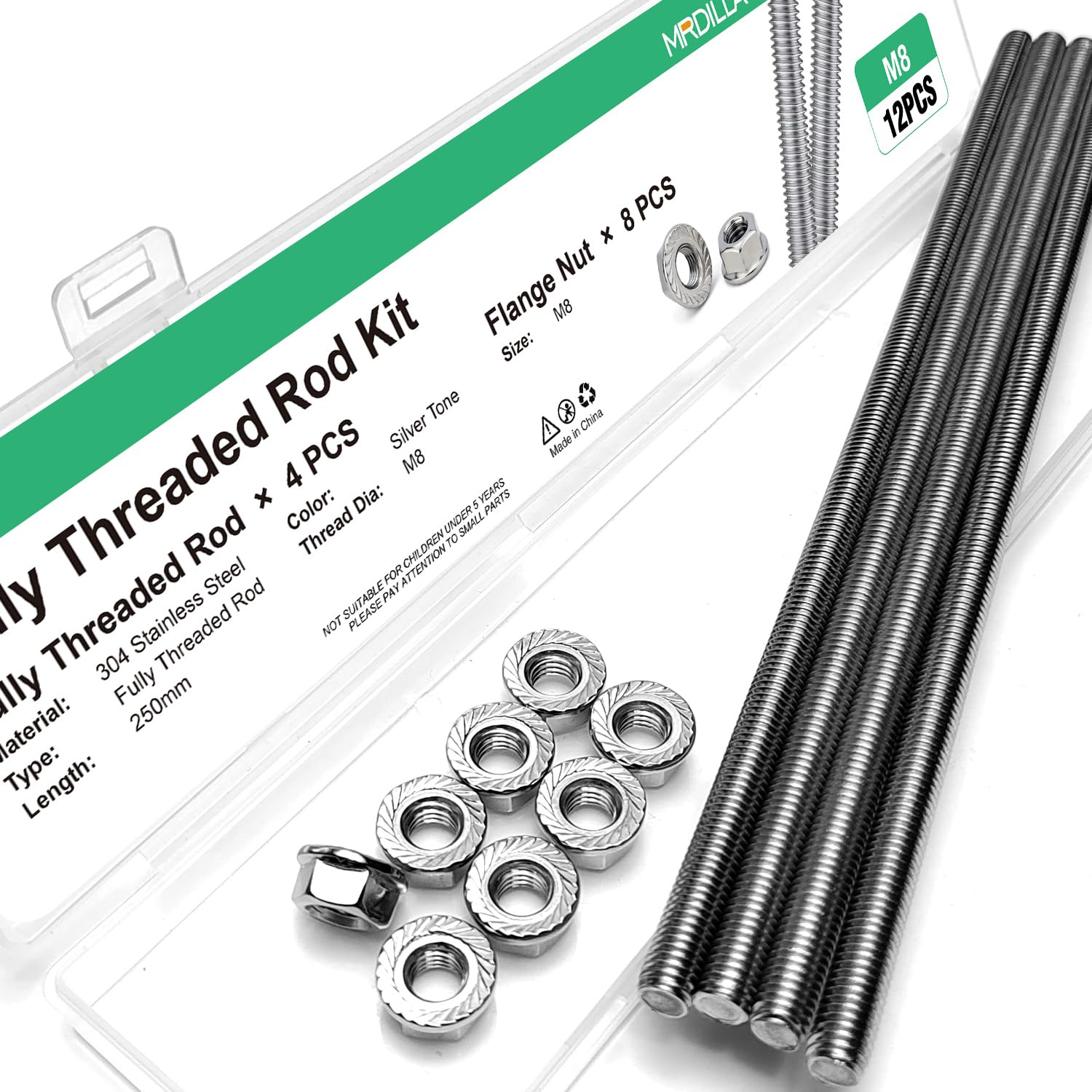 M8-1.25x250mm Fully Threaded Rod Studs, 304 Stainless Steel Long Threaded Screw Right Hand Threads, 4 Pack