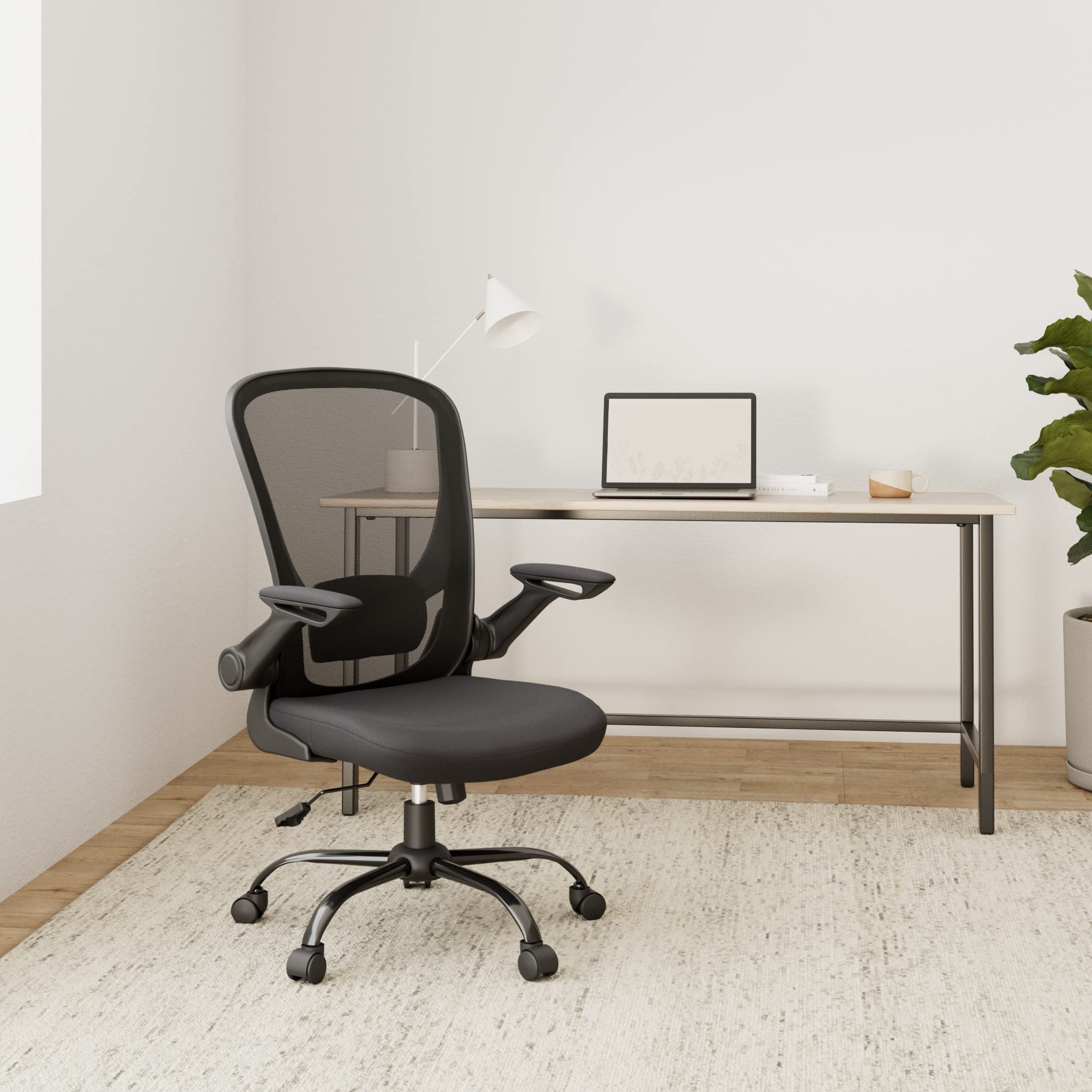 SONGMICS Bürostuhl ergonomisch Drehstuhl Mesh Lendenstütze Kopfstütze Wippfunktion 53 cm Sitzfläche klappbare Armlehnen schwarz OBN37BK