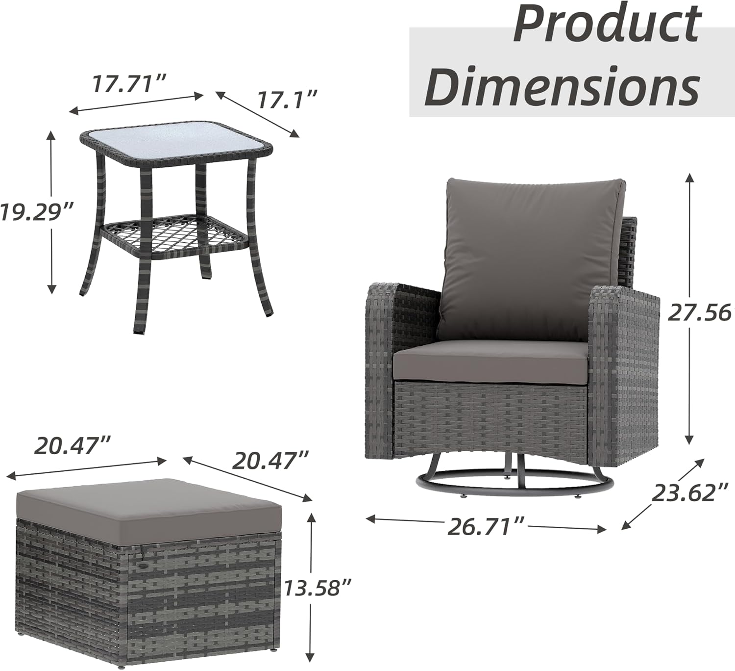 HOMREST 5 Piece Outdoor Patio Furniture Set-360 Wicker Swivel Chairs Set of 2 w/ 2 Ottoman, Coffee Table & Cushions Patio Bistro Set for Garden, Balcony (Grey)