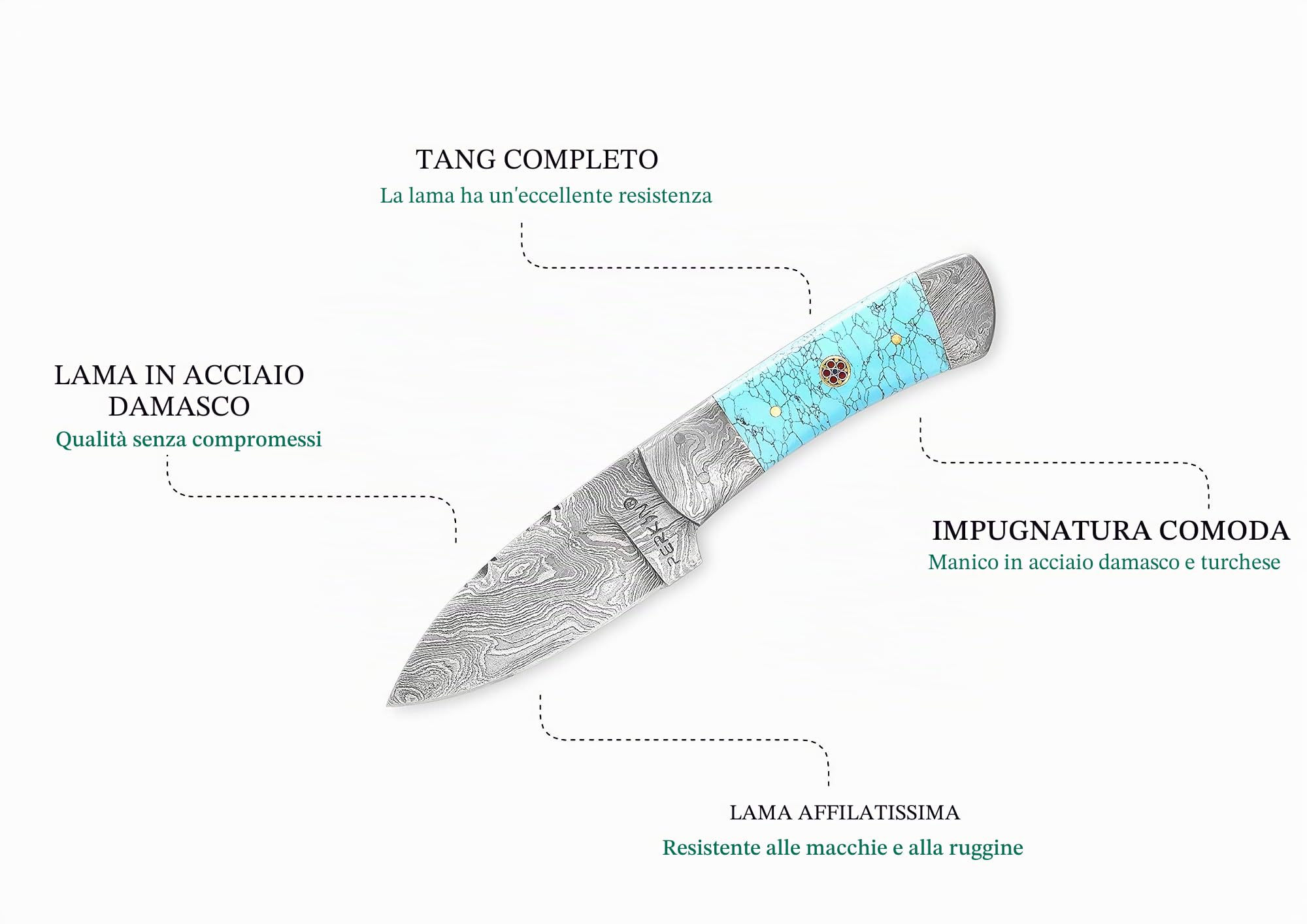 Perkin Coltello damascato, coltello da caccia, fatto a mano, damascato, 19,3 cm, manico turchese