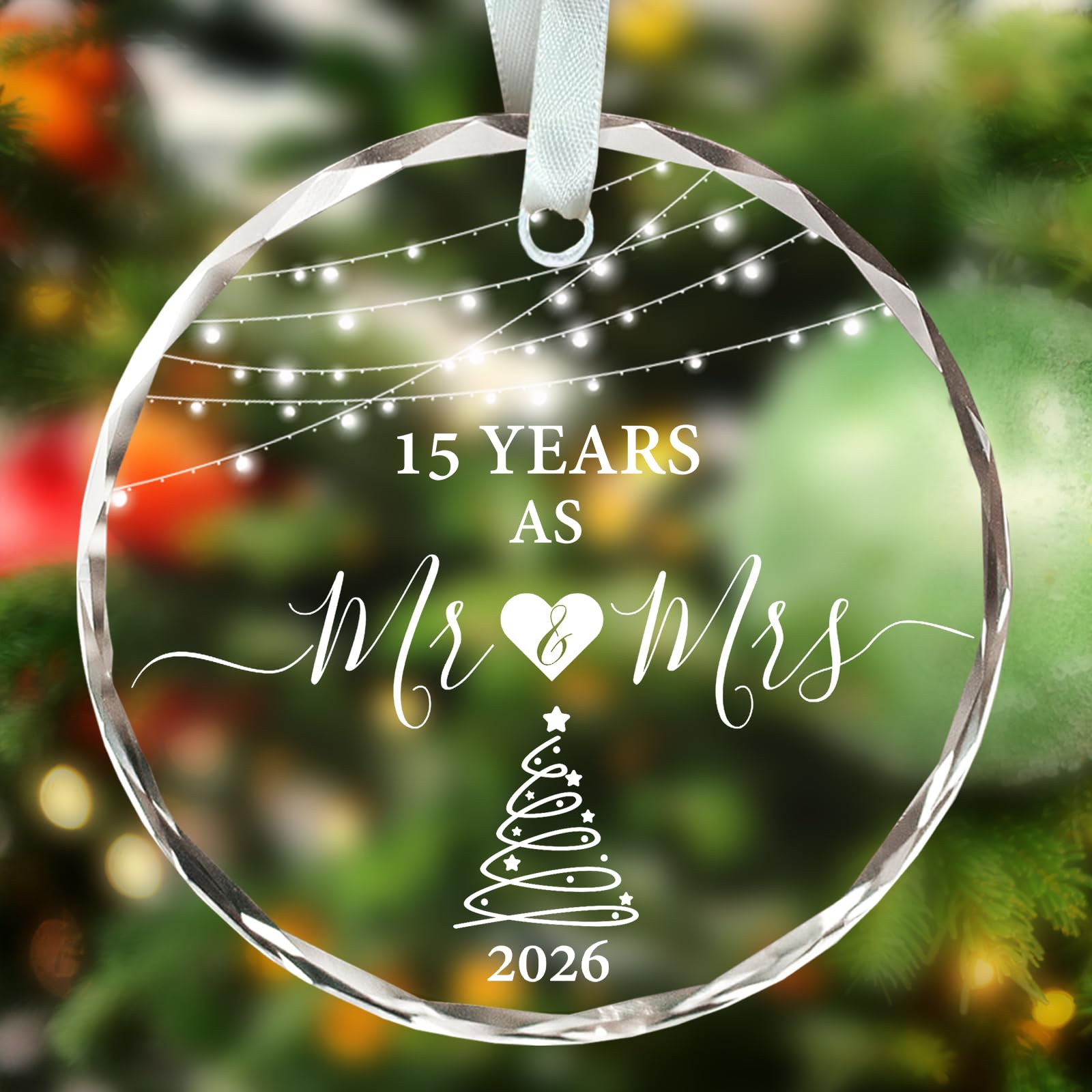 15 Year Anniversary Ornament 2026, 15th Anniversary Wedding Gifts for Couple, 3" Glass Keepsake Valentines Gifts for 15 Year Wedding Christmas Ornaments 2026