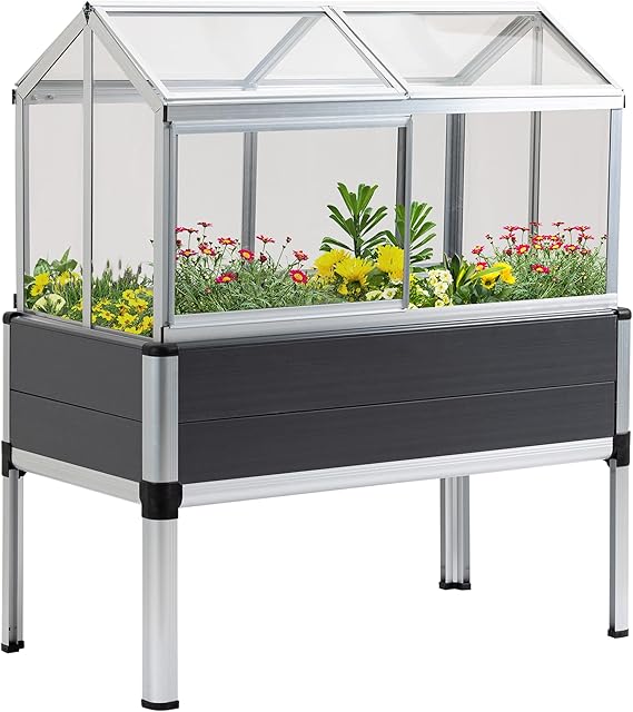 Outsunny Raised Garden Bed with PC Greenhouse Cover and Aluminium Cold Frame, Elevated Planting Box, Outdoor Vegetable Flower Container, Grey