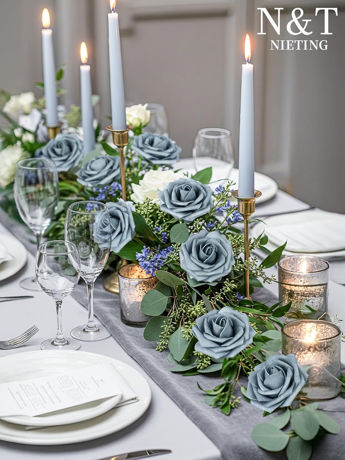 N&T NIETING Artificial Flowers, 25pcs Foam Roses Fake Flowers DIY Wedding Party Cake Decoration, Home Display, Dusty Blue Gray - Image 2