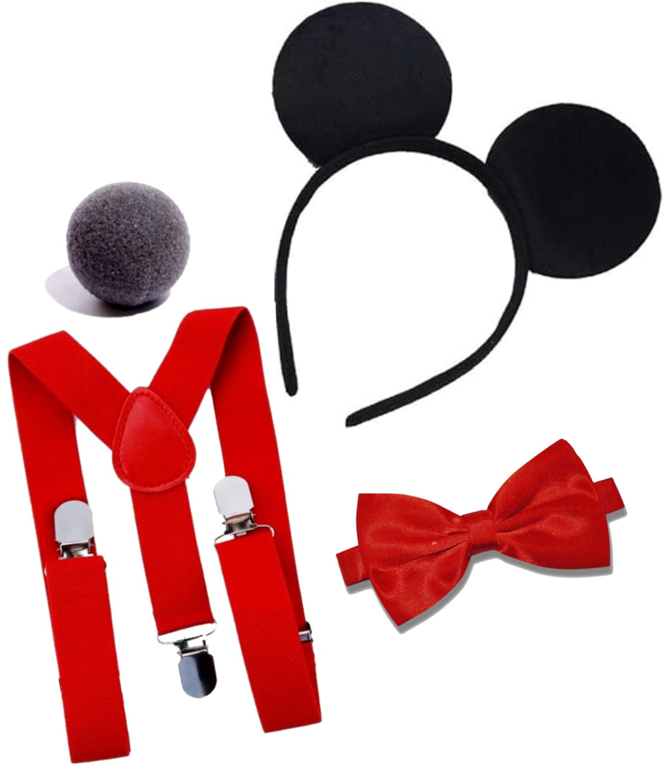 Mega_Jumble Adult Mouse 4 Piece Set - Blackmouse Ear Headband, Nose, Red Braces and Bow Tie | Men's Nightout, Fun Run, Theme Party Cosplay Fancy Dress Costume Kit