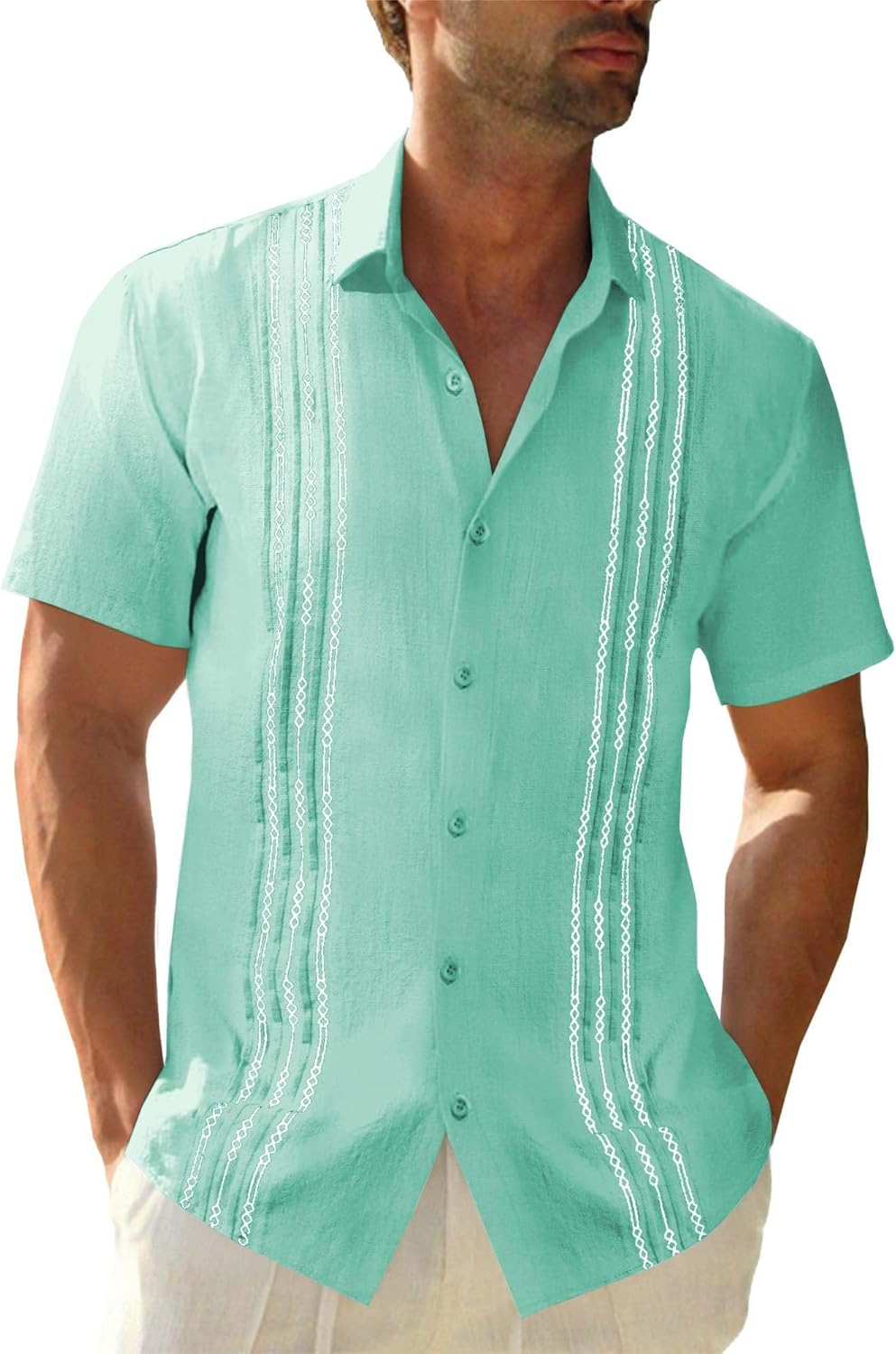 Mens Linen Guayabera Shirts Short Sleeve Summer Beach Casual Cuban Shirt