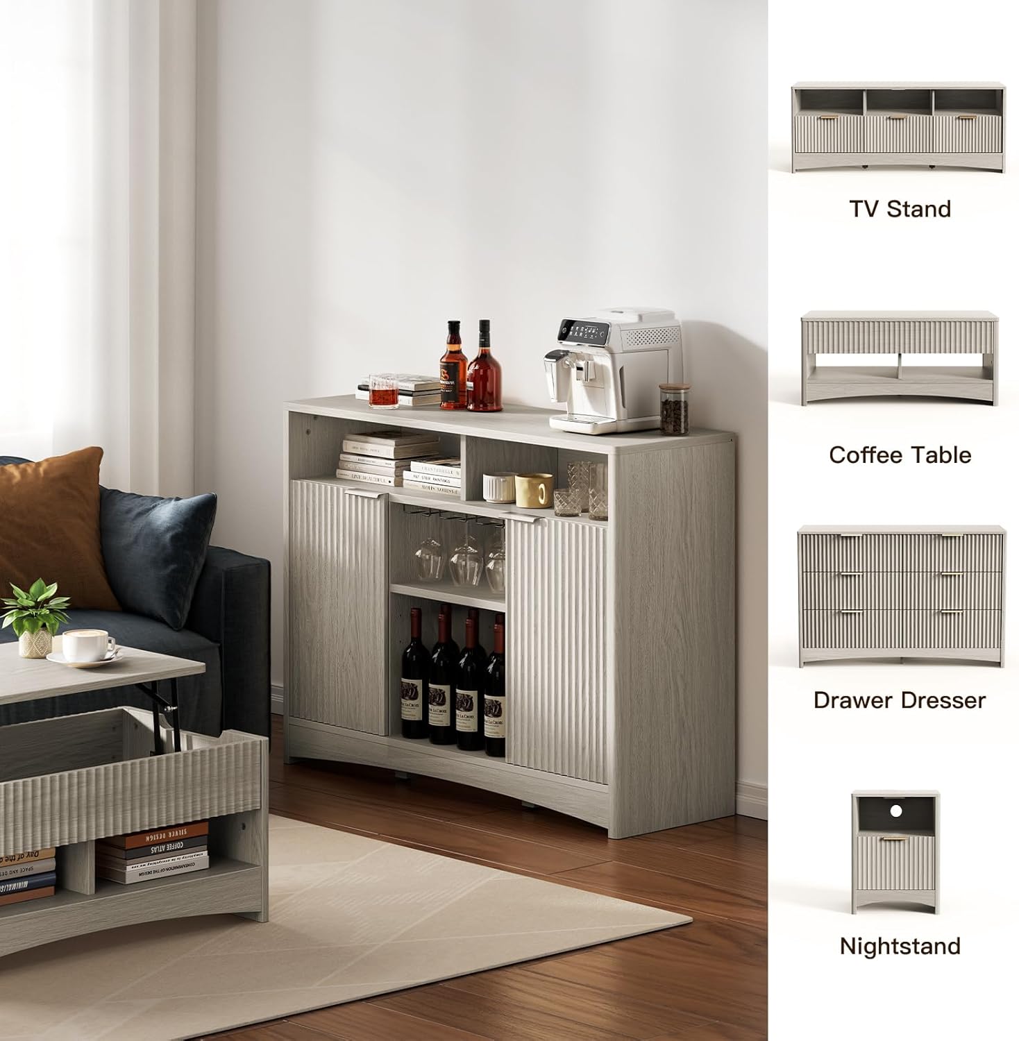 Collage of images demonstrating the multi-functional uses of the Pipishell Fluted Wine Bar Cabinet, including as a TV stand, coffee table, drawer dresser, and nightstand.