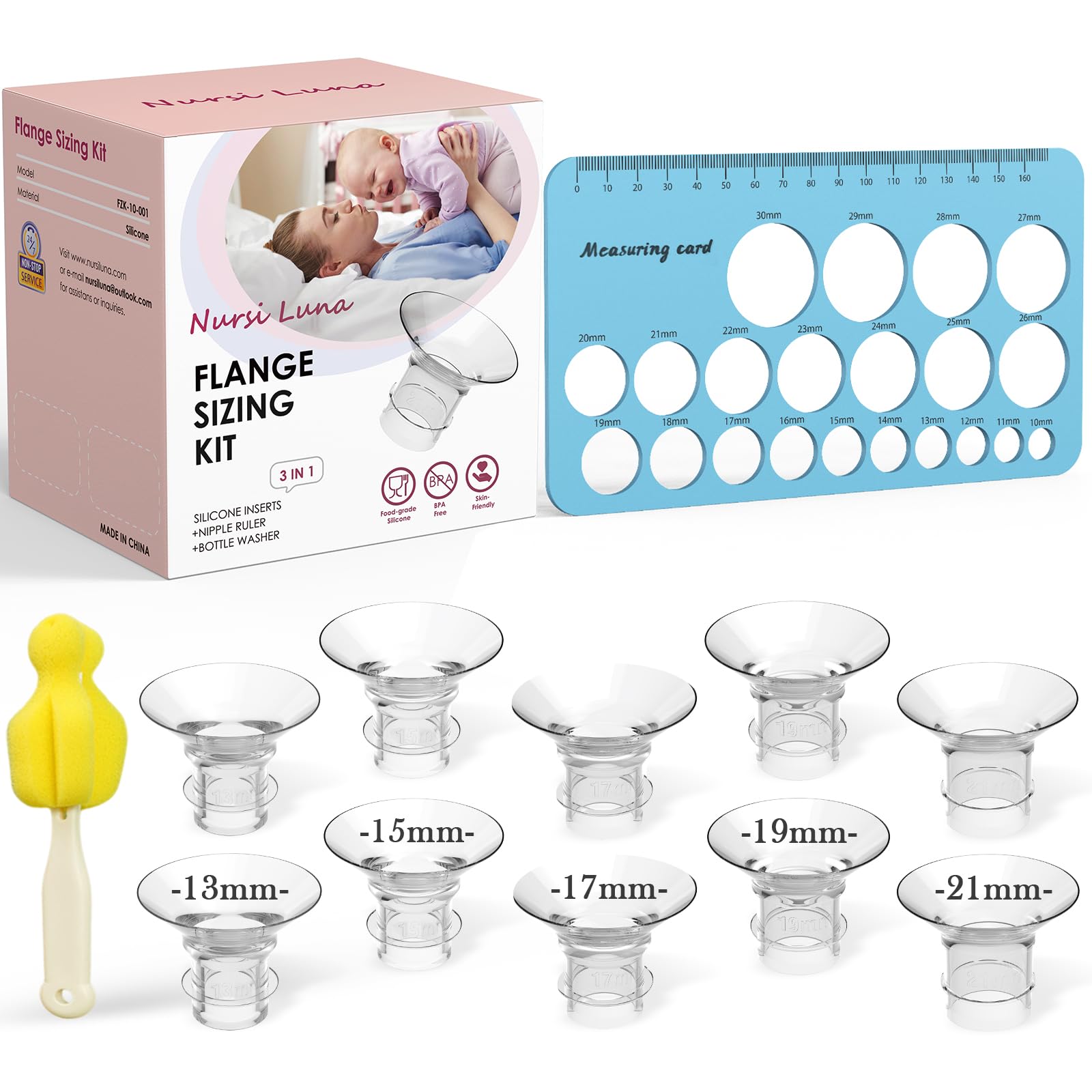 Nursi Luna Flange Sizing Kit 3 in 1 with 10PCS Flange Inserts 13/15/17/19/21mm, Silicone Breast Pump Flanges Insert Kit for 24mm Electric Breast Pump, Pumping Breastfeeding Essentials Kit for New Mom