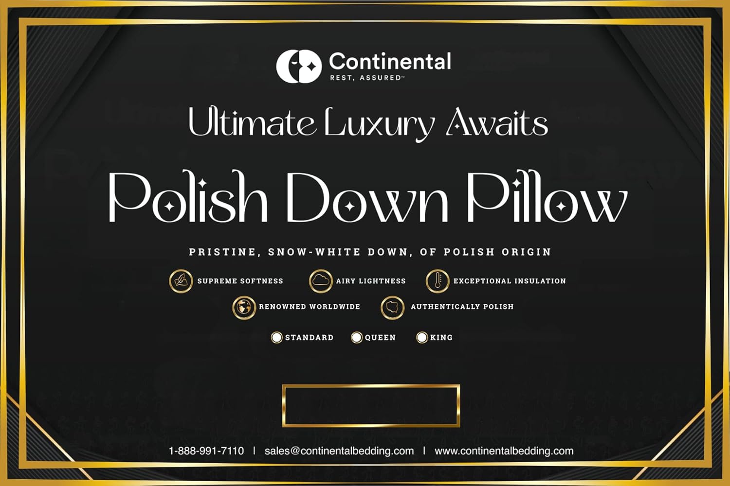 Continental Bedding Luxury Down, 100% Polish Goose Down Pillow, White, Queen