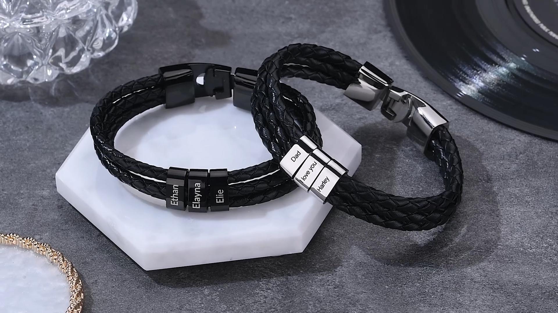 Pulsera Personalizada Con Pequeñas Cuentas De Plata En Cordón De Cuero • Regalo De Joyería Grabado Personalizado Para él, Papá Y Esposo - México