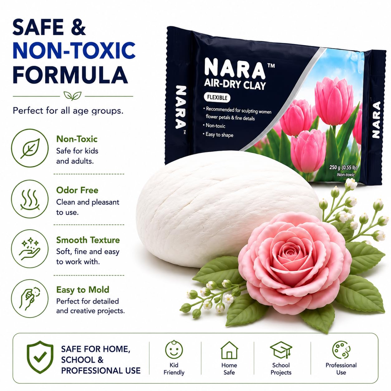 NARA Air-Dry Clay Flexible 250g White Modelling Clay, No Oven or Kiln Needed, Fast Drying Clay for Art, Craft, Sculpting, DIY & Painting Projects 3