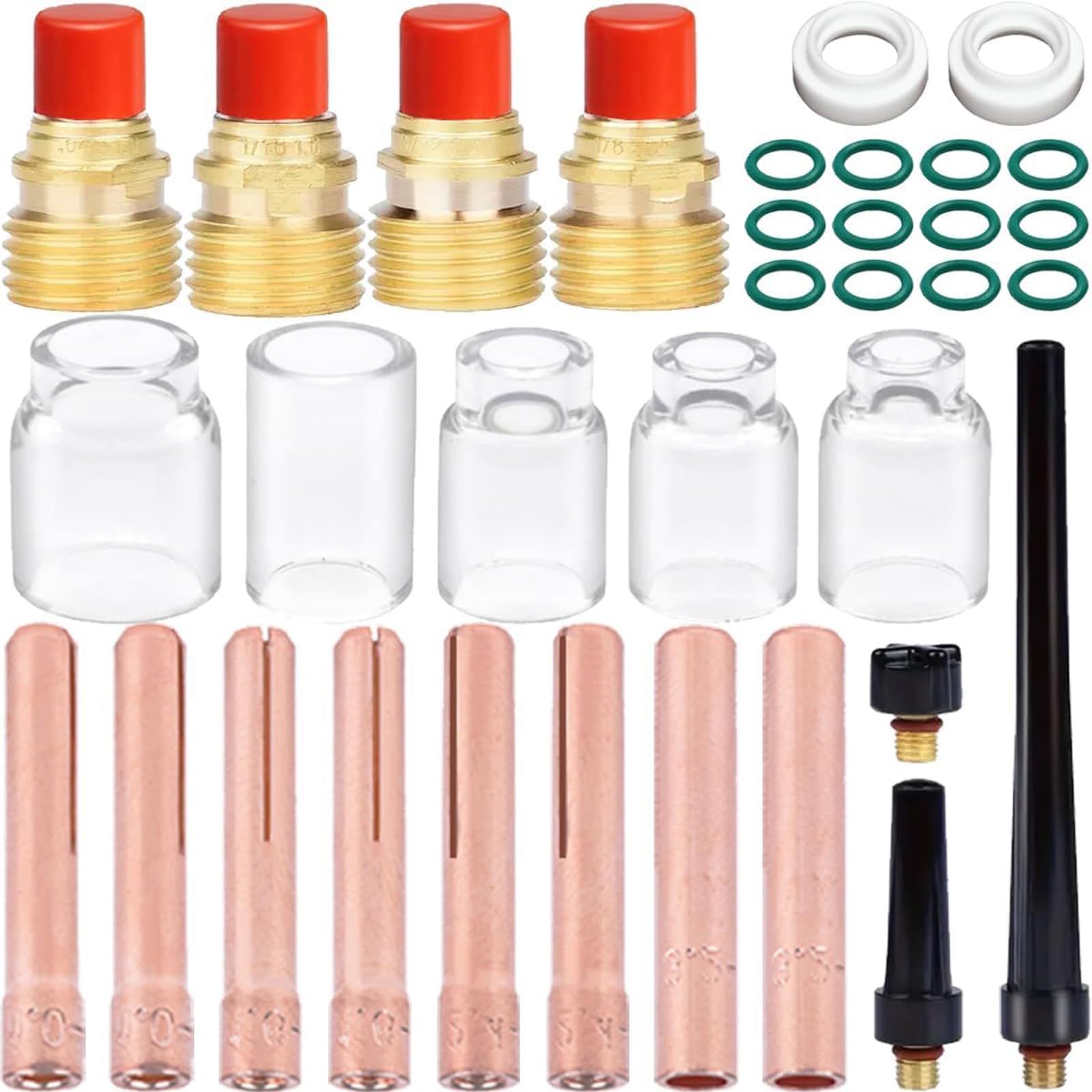 38pcs Welding Torch Stubby Collet Bodys Kit for TIG DB SR WP 9 20 25 Welder Gun, Gas Lens, #6 ~ #12 Glass Cup Consumables, 41V33 41V35 41V24 Back Cup, 0.04" ~ 1/8"(1.0~3.2mm) Collet, Gasket