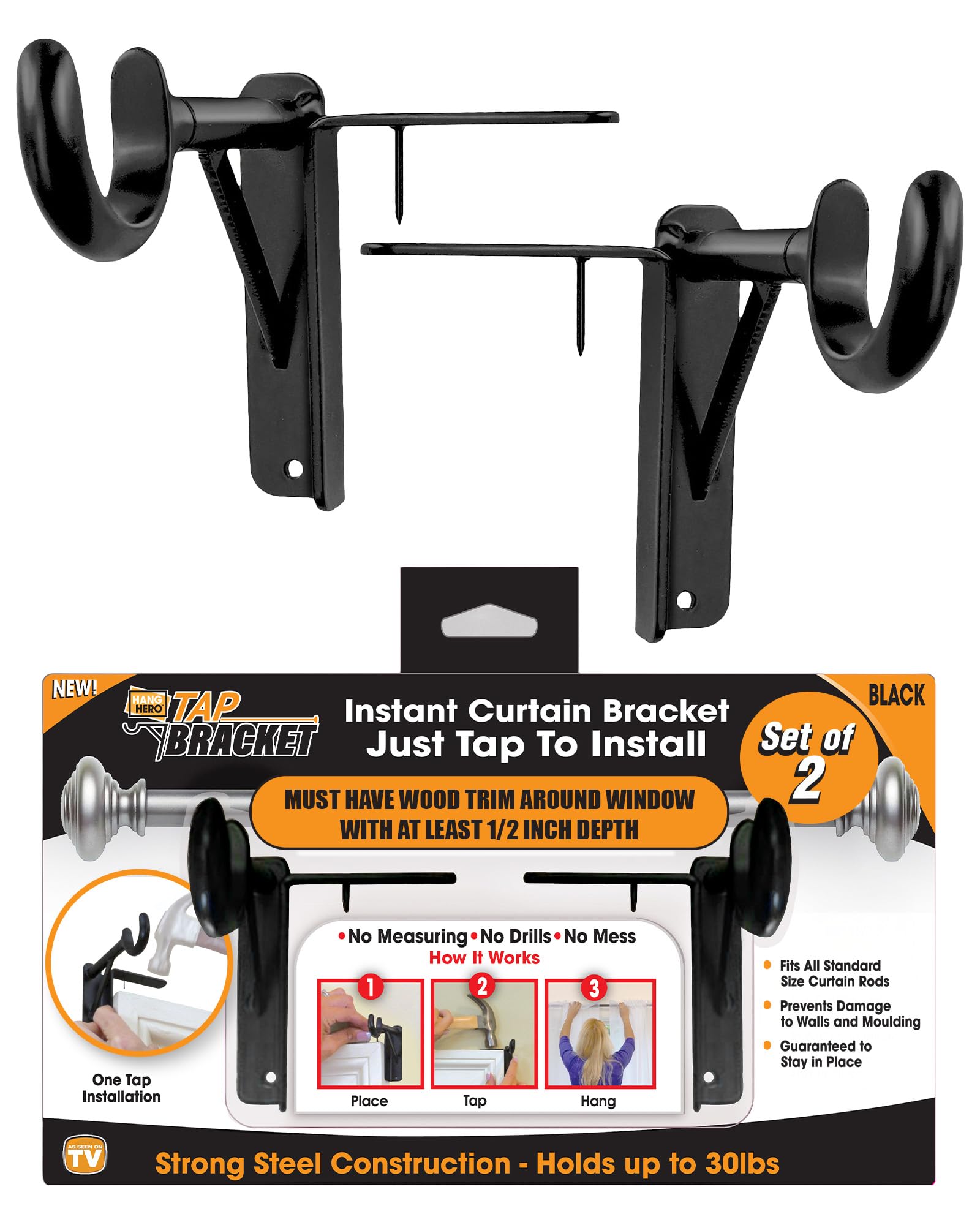 Spark Innovators Black Tap Bracket, No Drill Curtain Rod Brackets, 2-Pcs,